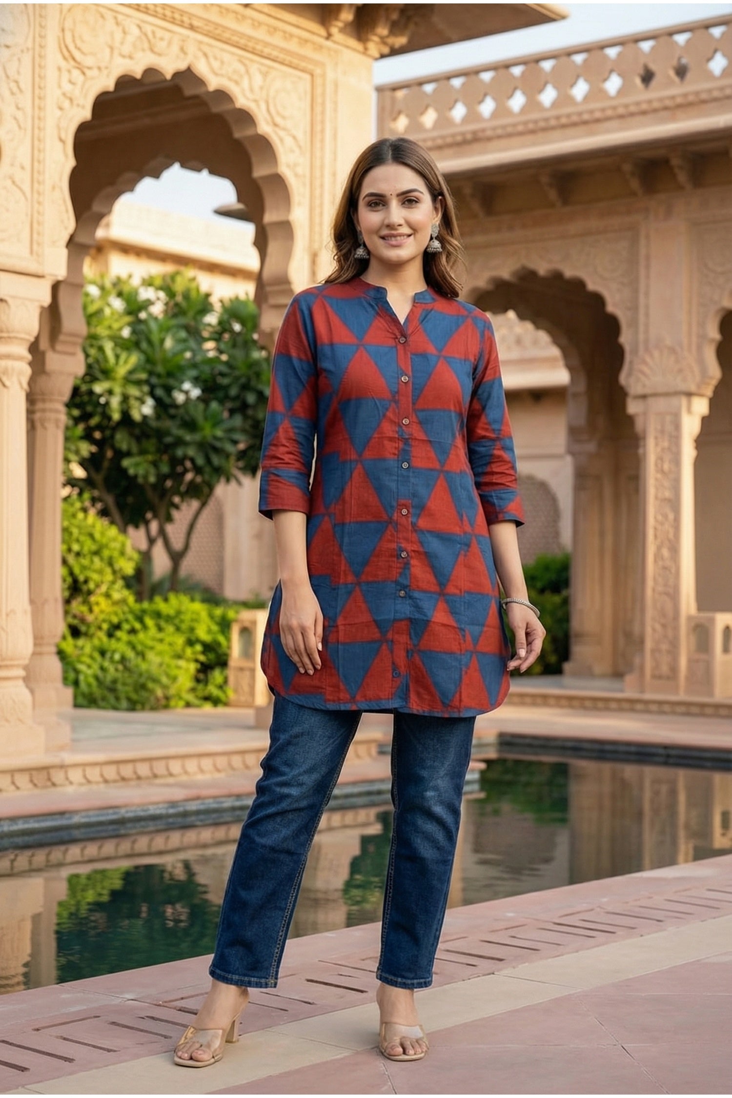 Geometric Triangle Print Red Cotton Top