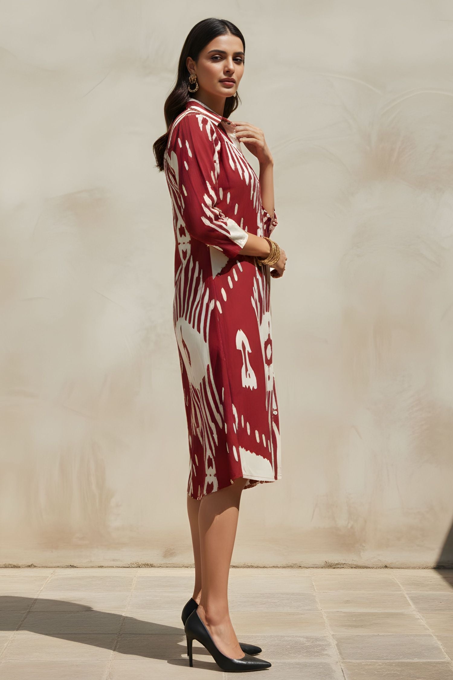Abstract Printed Maroon Red Shirt Midi Dress