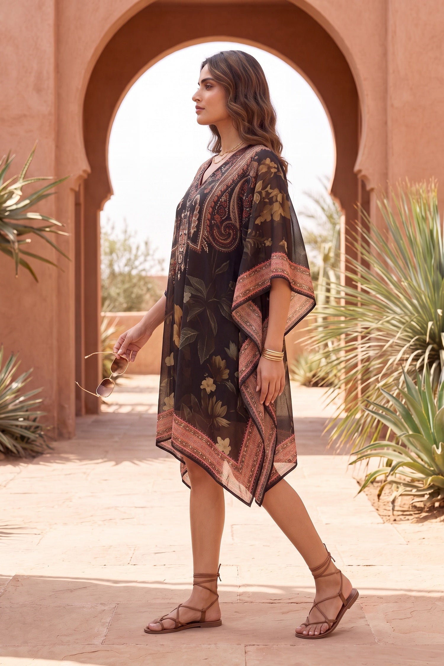 Black Embroidered Printed Short Kaftan