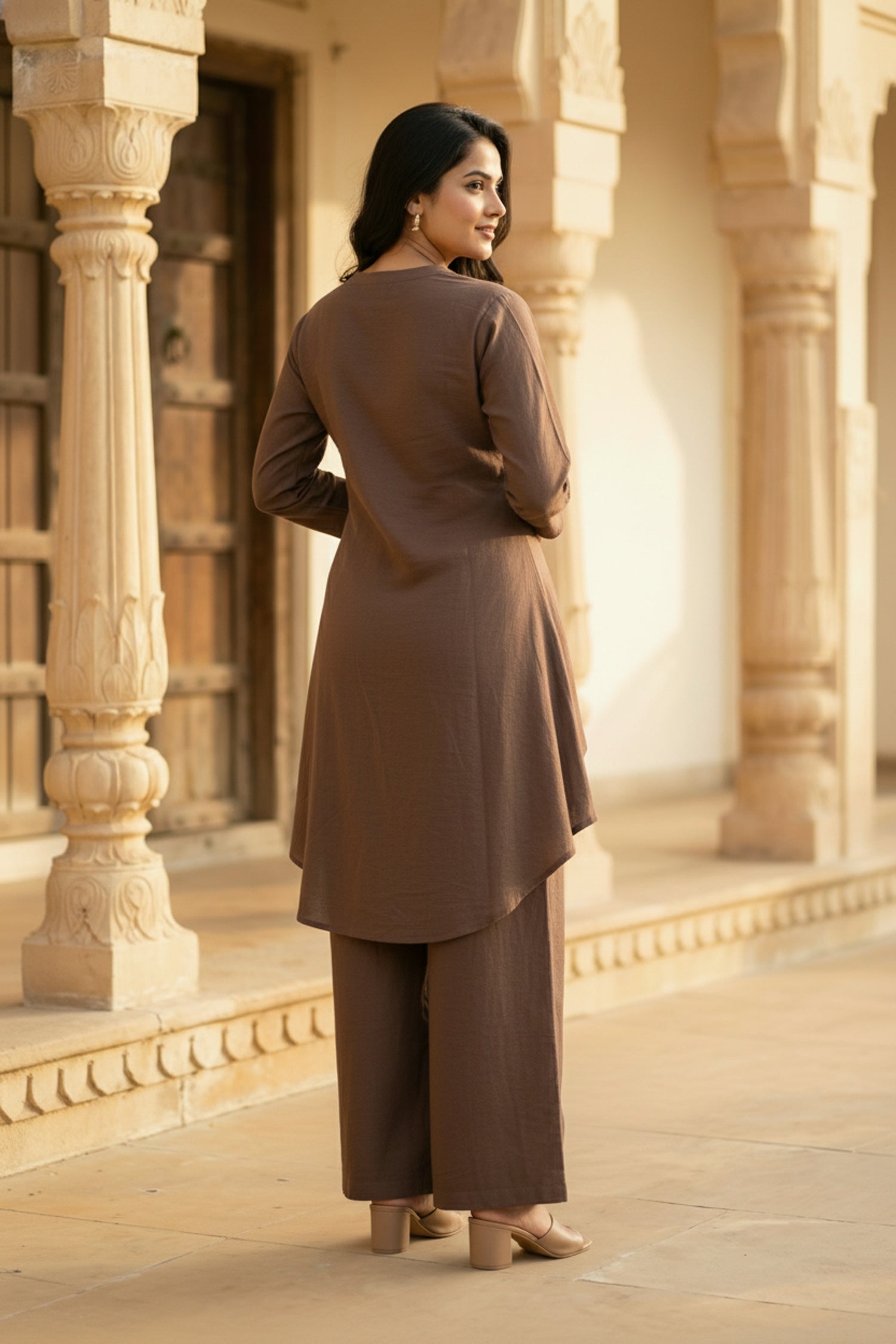 Brown Co-ord Set with Floral Embellished Top