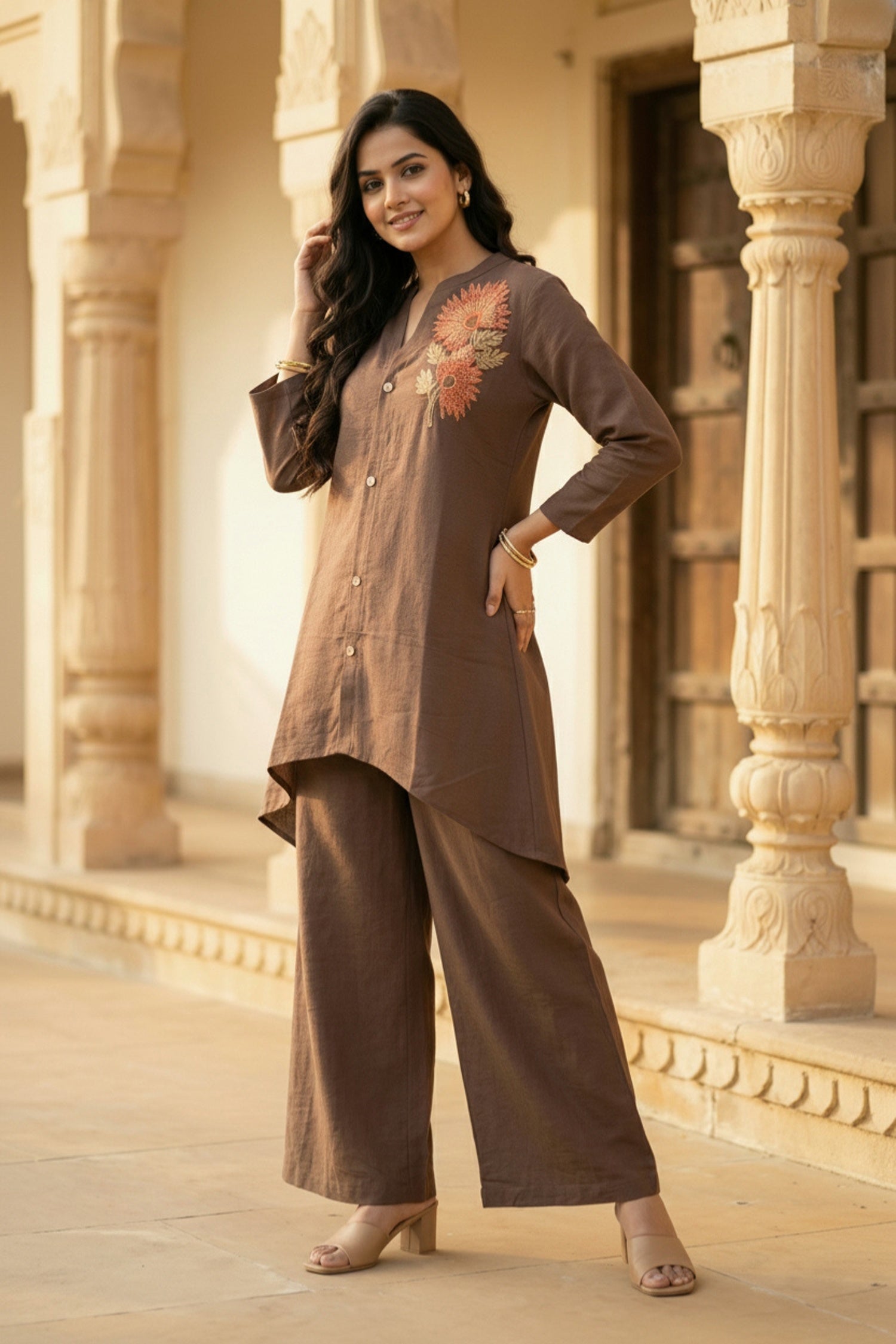 Brown Co-ord Set with Floral Embellished Top