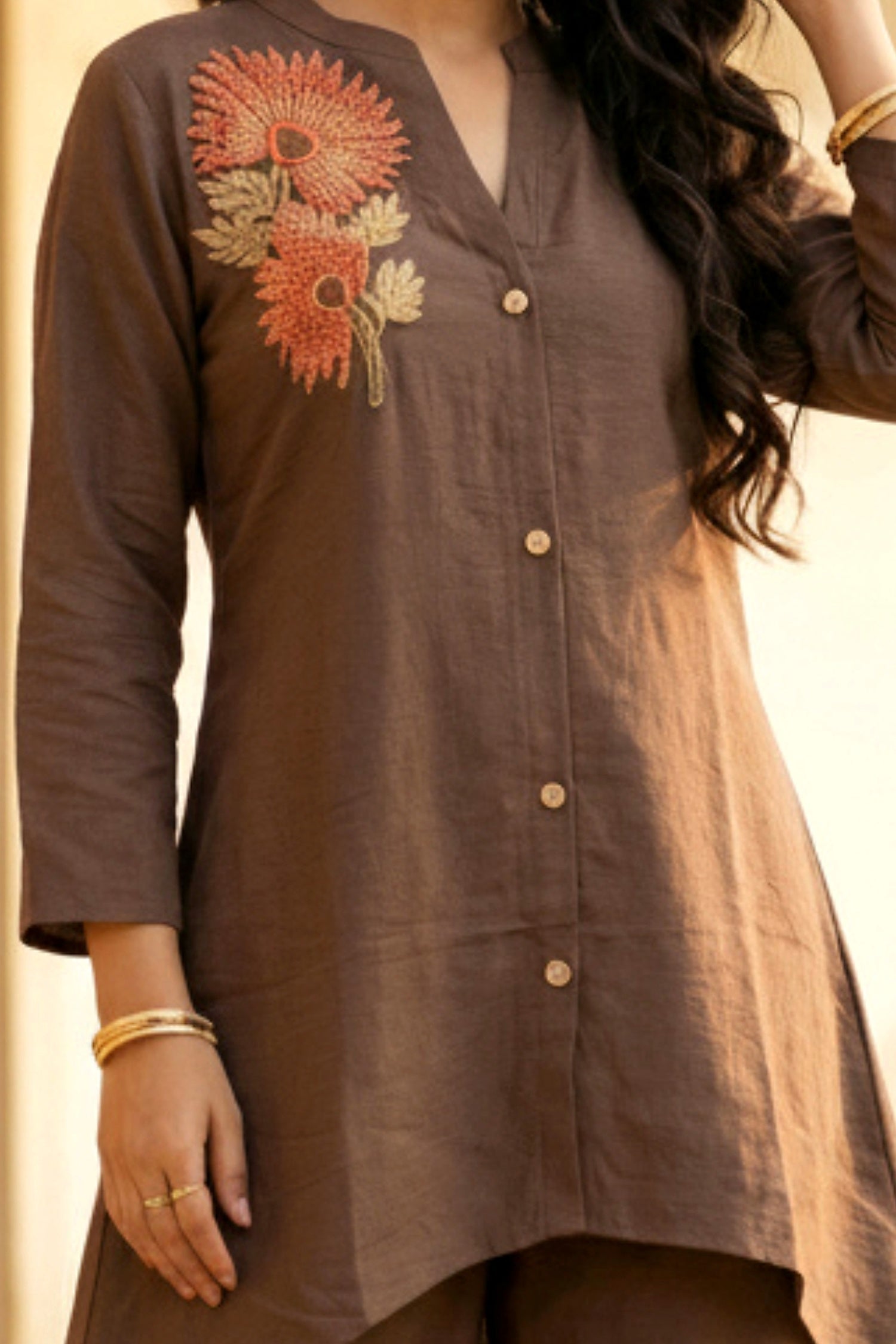 Brown Co-ord Set with Floral Embellished Top