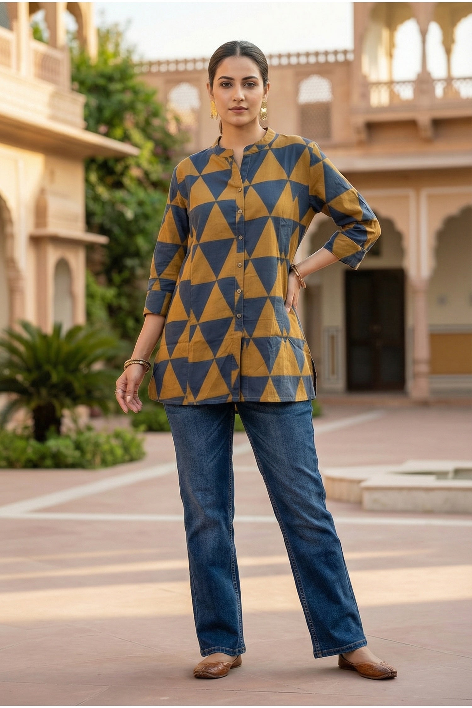 Mustard Cotton Top with Geometric Design