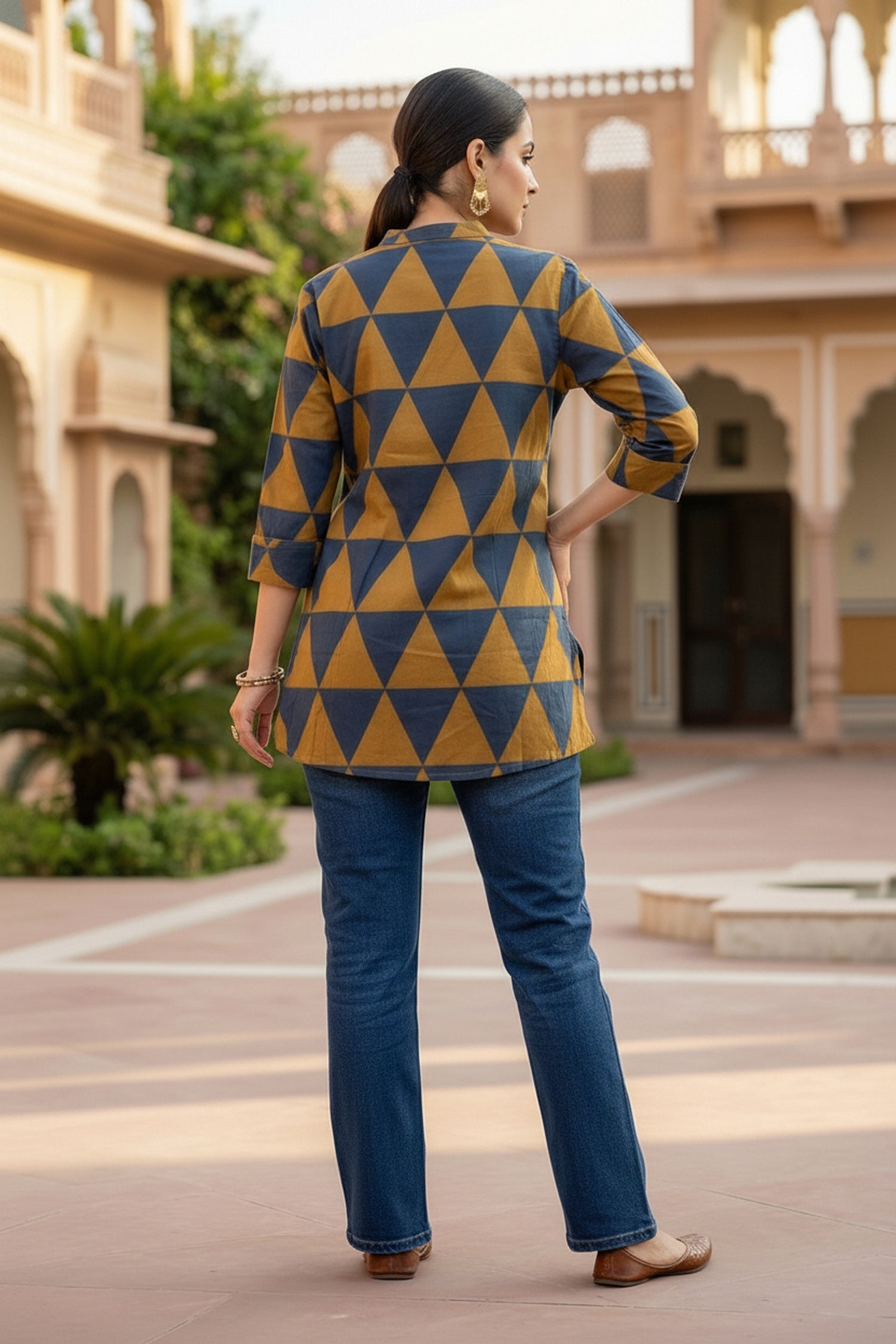 Mustard Cotton Top with Geometric Design