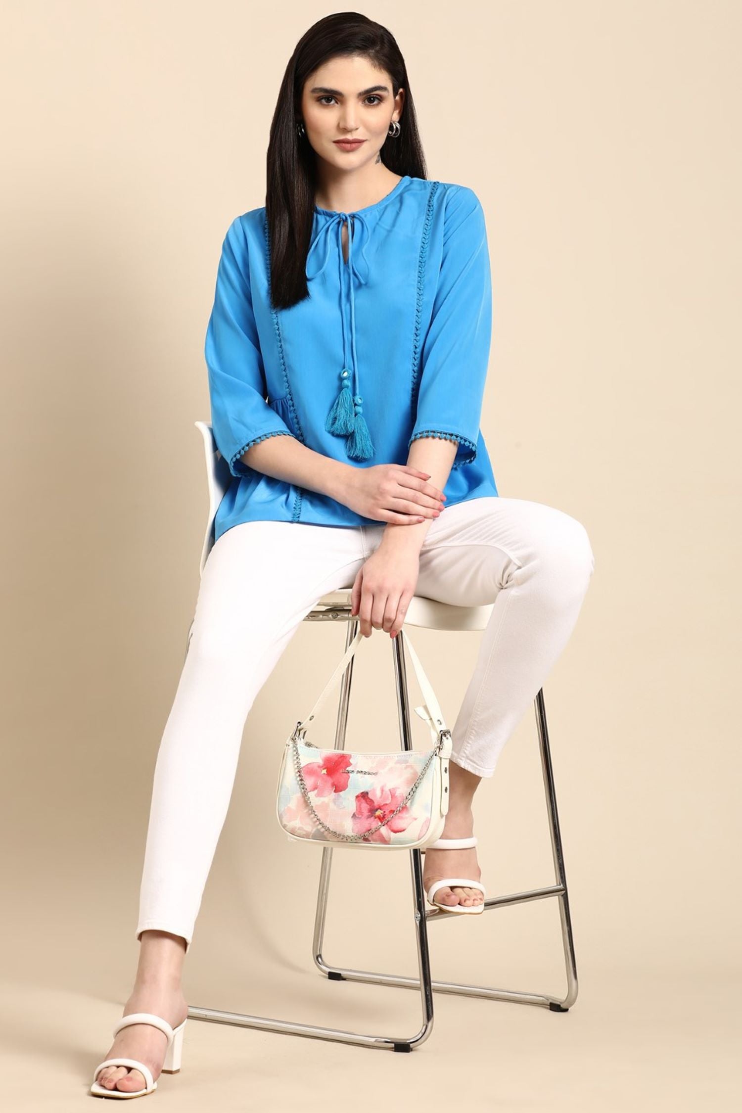 Coastal Blue Cotton Top with Rope Tie Neck