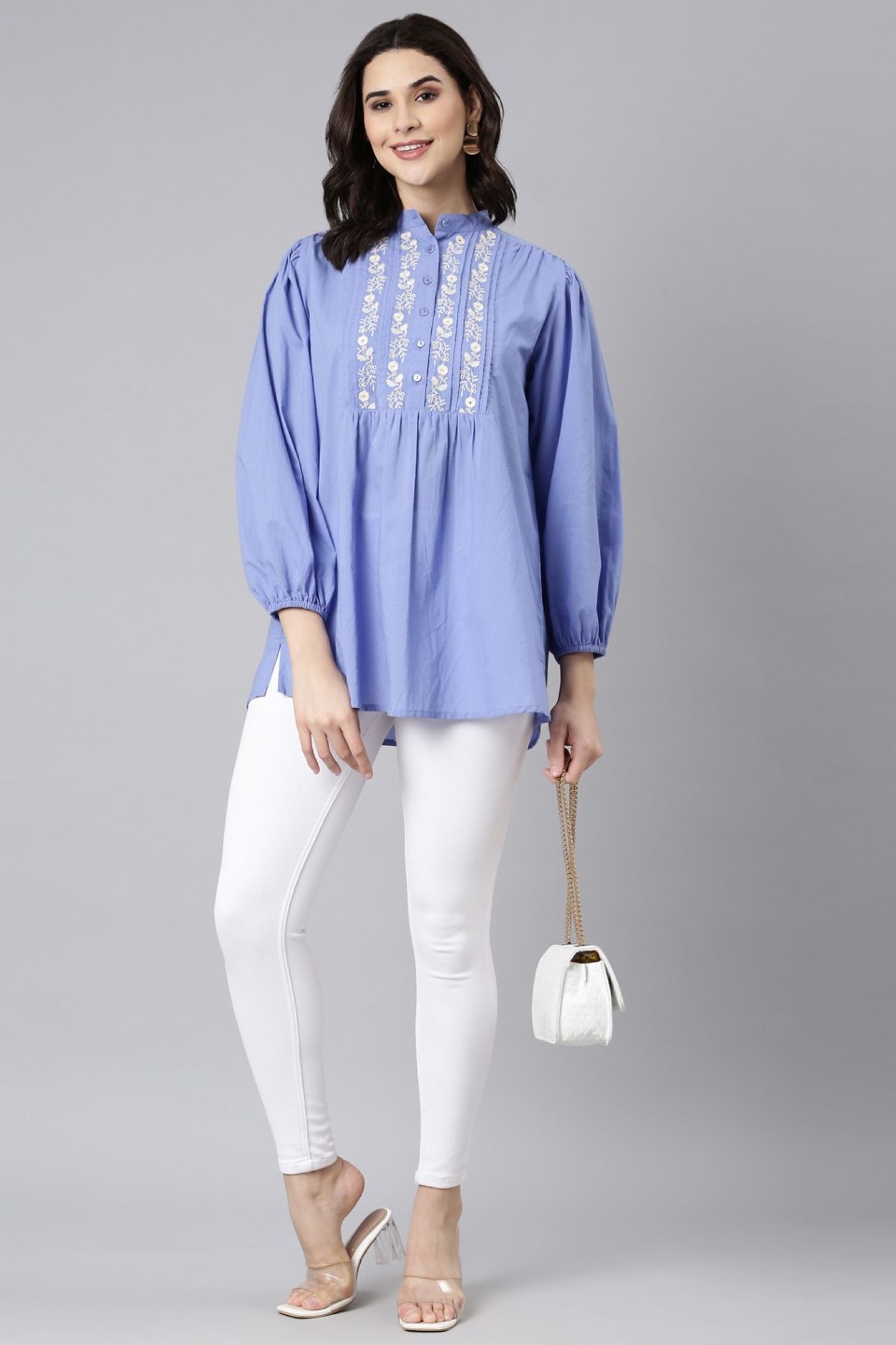 Blue Breeze Embroidered Cotton Top with Elegant Neck
