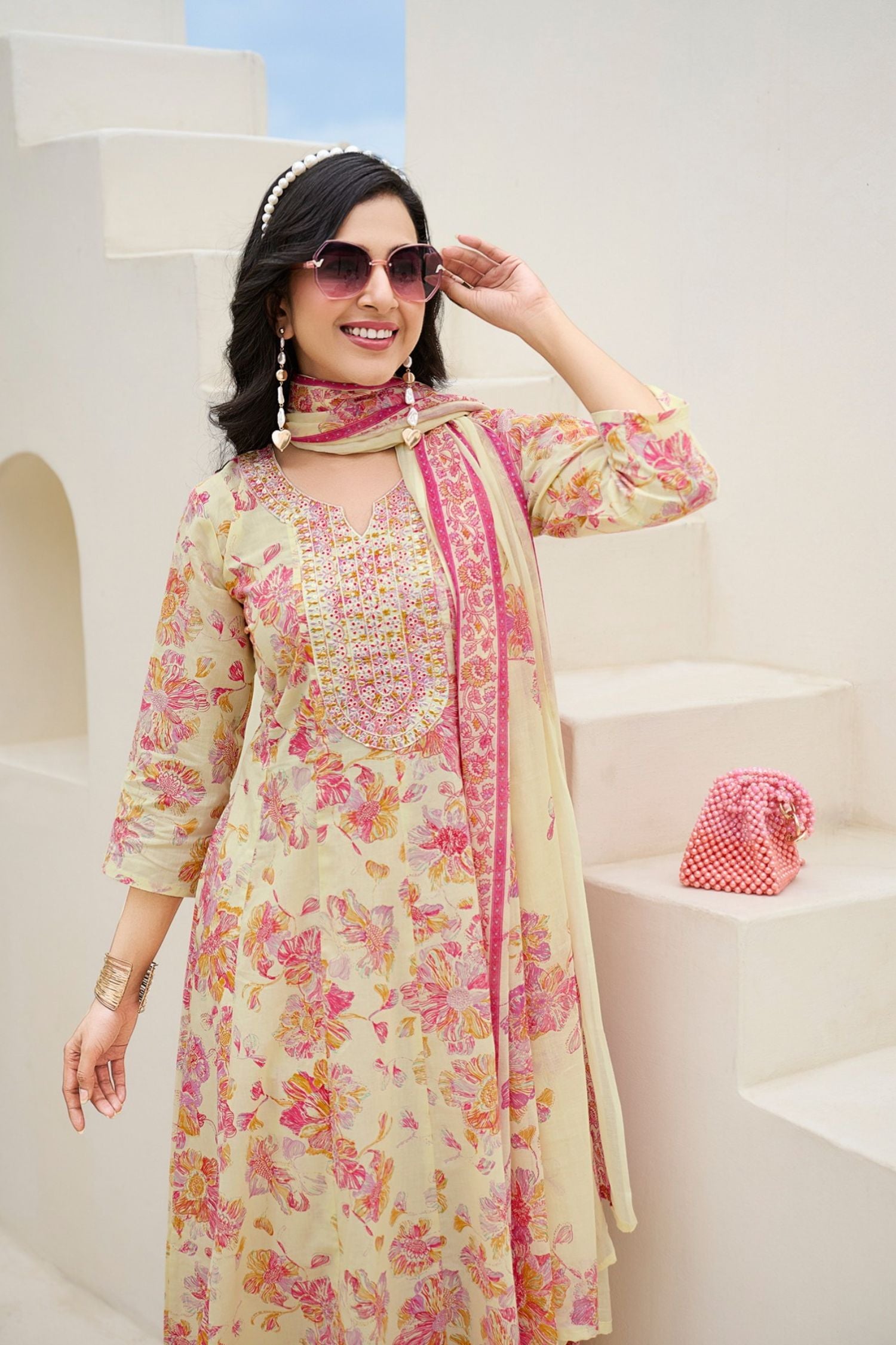 Beige V-Neck Embroidered Cotton Floral Printed Kurta Palazzo Dupatta Set