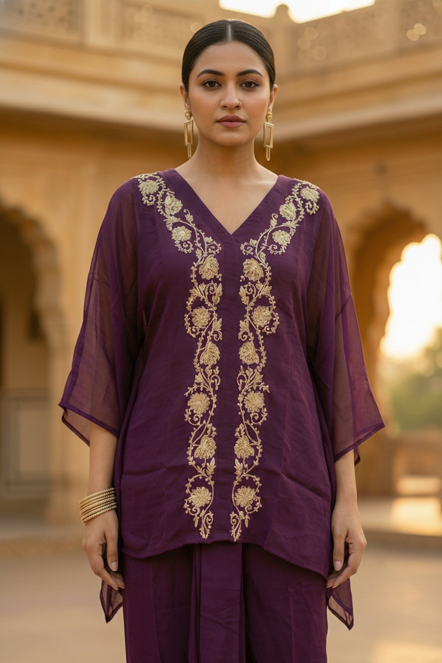 Wine Embroidered Dhoti Style Co-ord Set