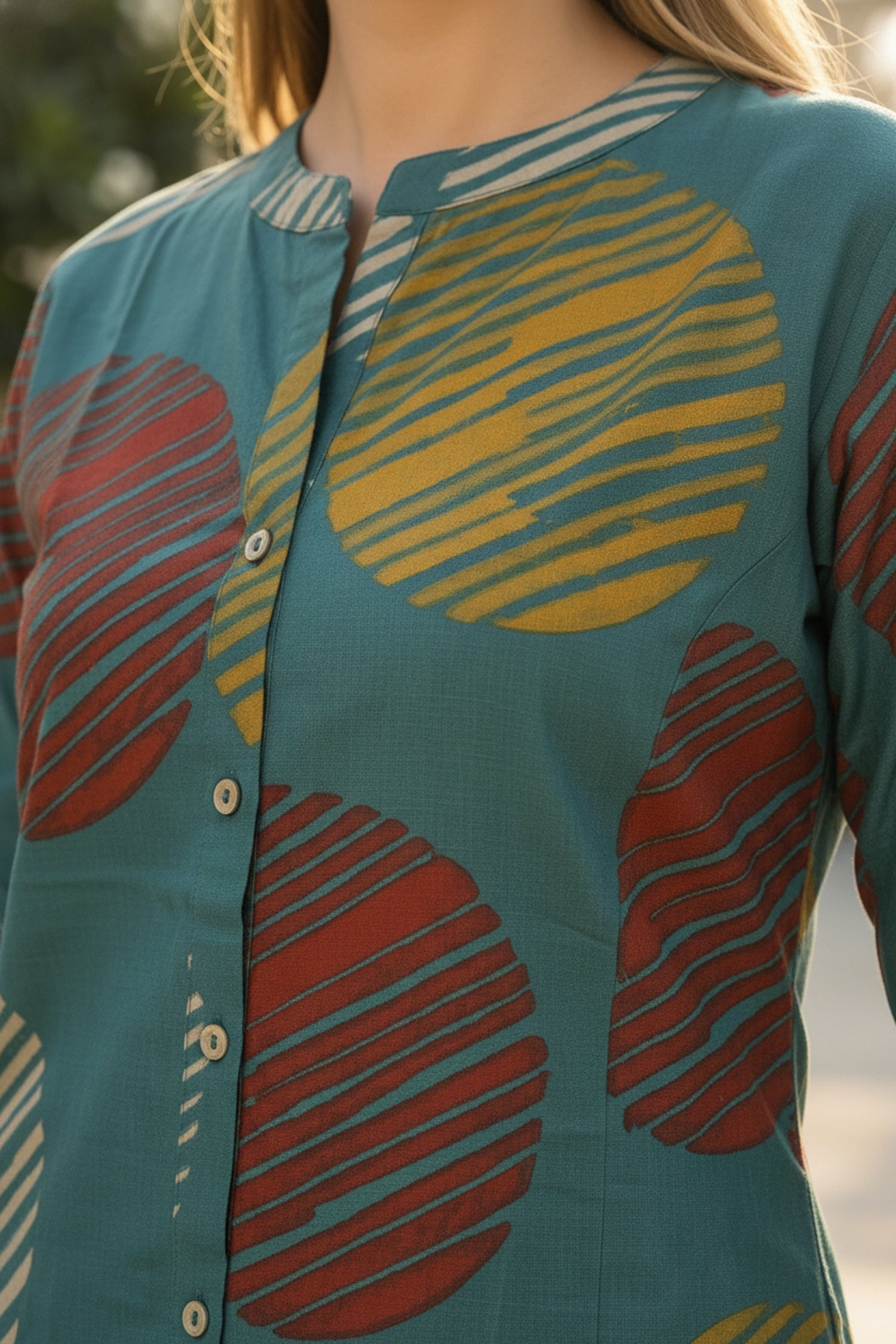 Peacock Blue Geometric Print Cotton Top