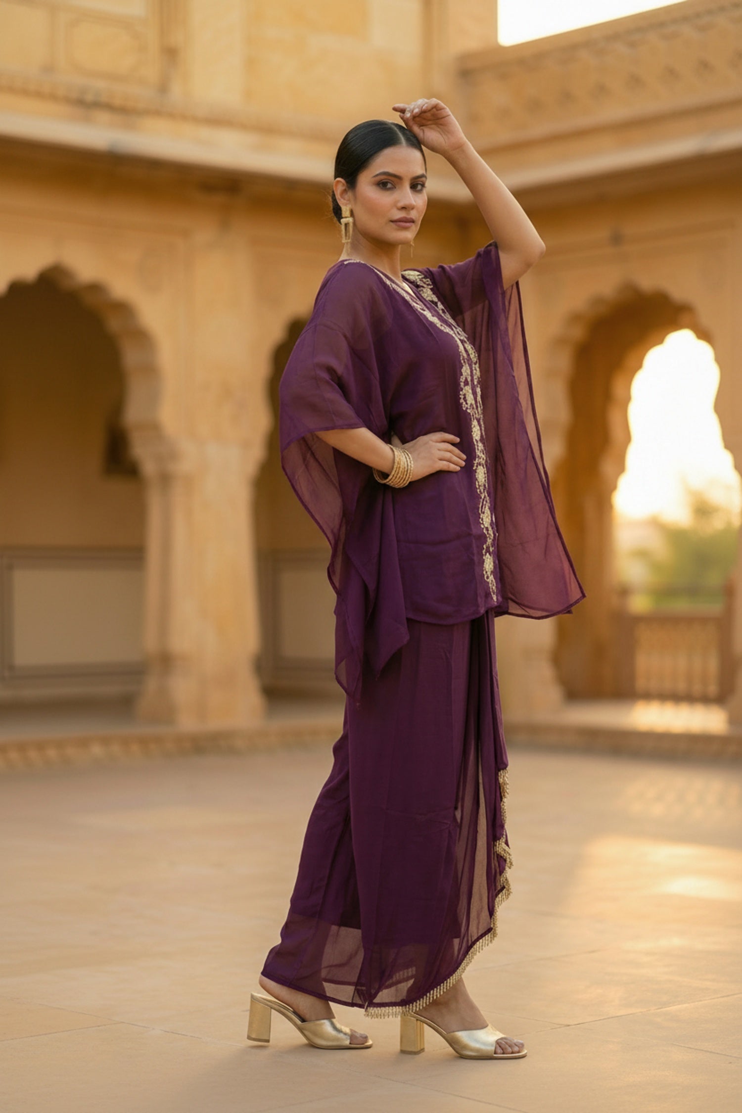 Wine Embroidered Dhoti Style Co-ord Set