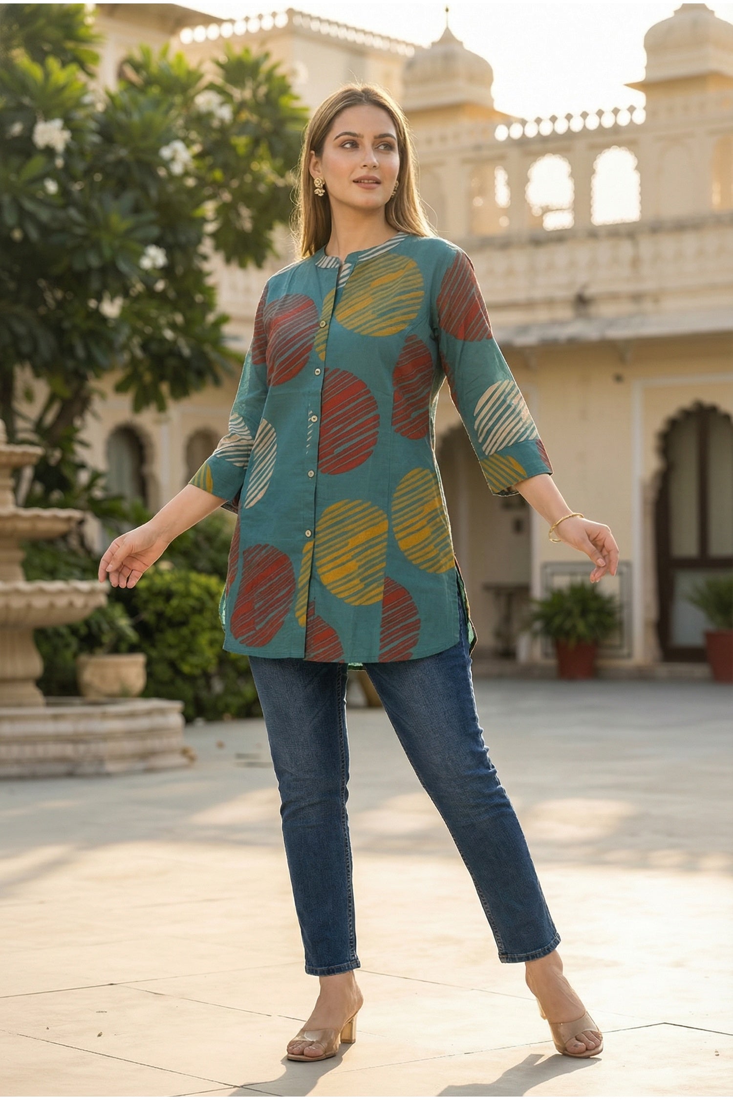 Peacock Blue Geometric Print Cotton Top