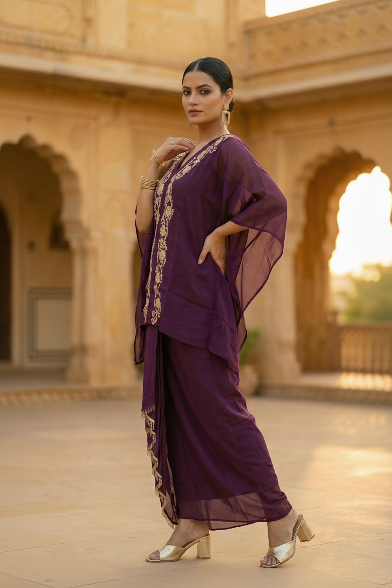 Wine Embroidered Dhoti Style Co-ord Set