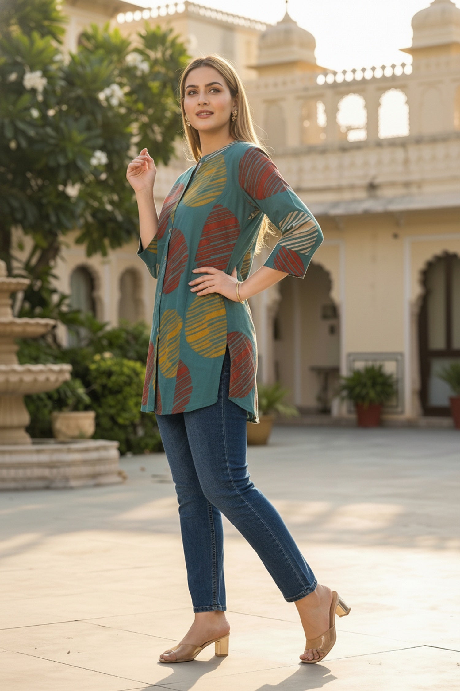 Peacock Blue Geometric Print Cotton Top