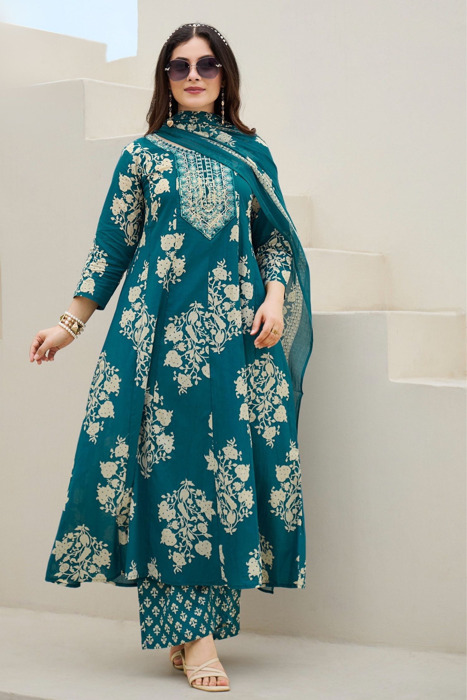 Blue V-Neck Embroidered Cotton Floral Printed Kurta Palazzo Dupatta Set