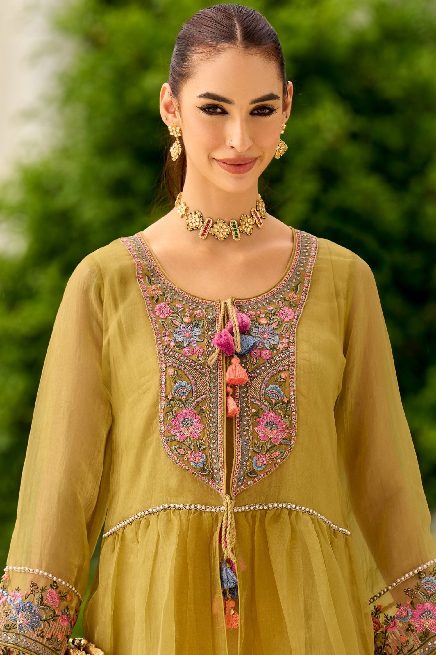 Signature Pure Organza Collection – Embroidered Perfection with Handcrafted Charm (Mustard)