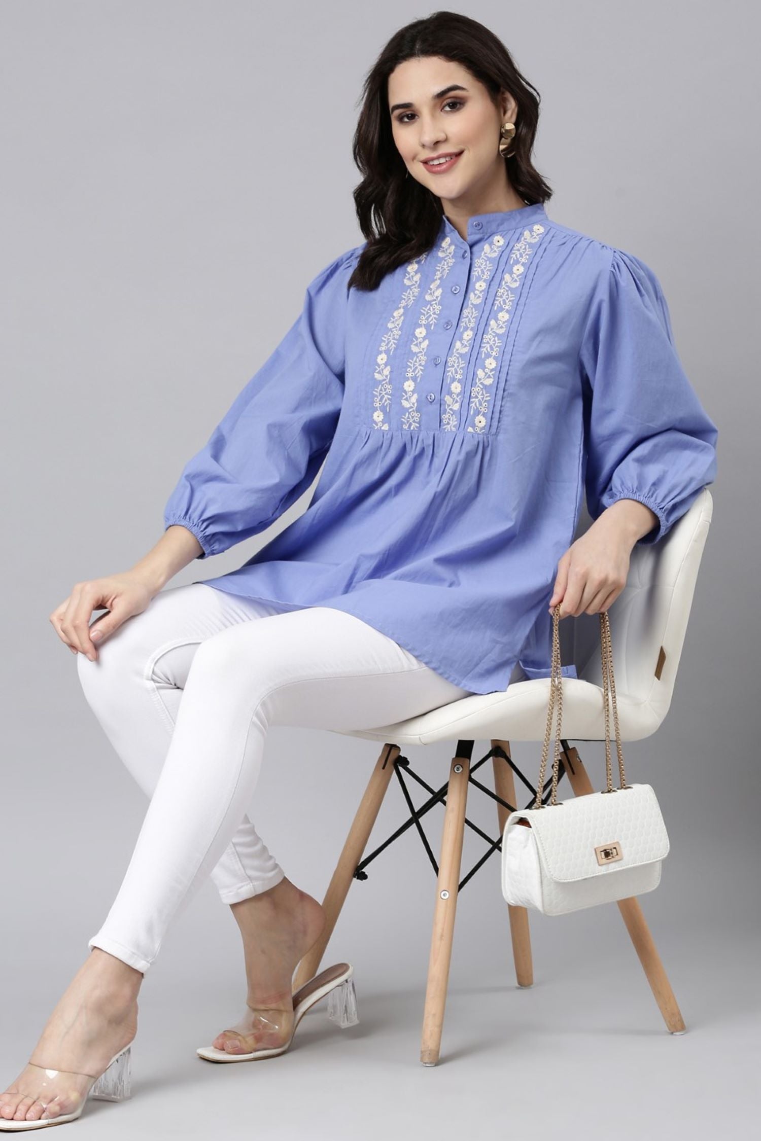 Blue Breeze Embroidered Cotton Top with Elegant Neck