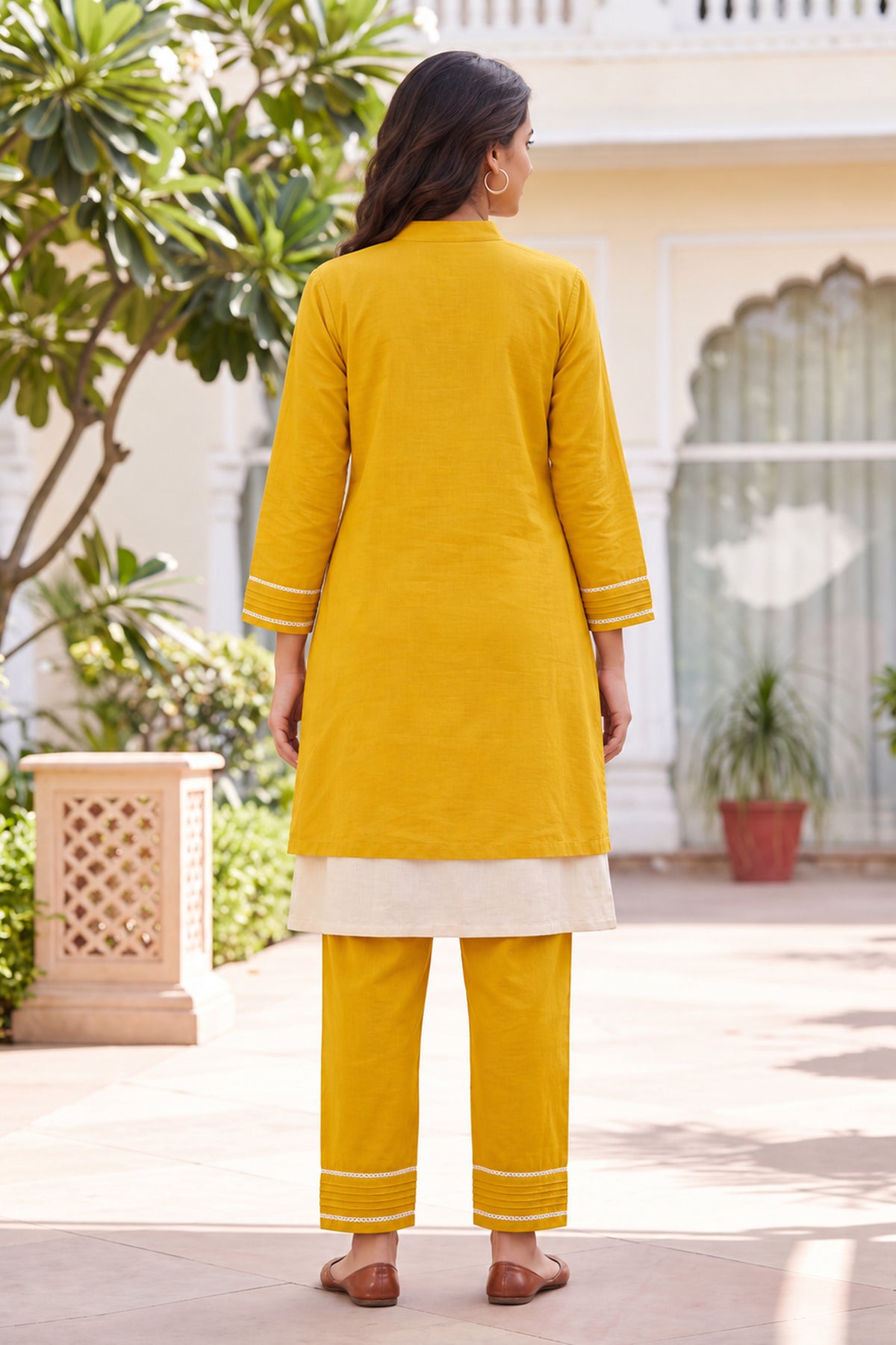Yellow Floral Applique Cotton Coord Sets
