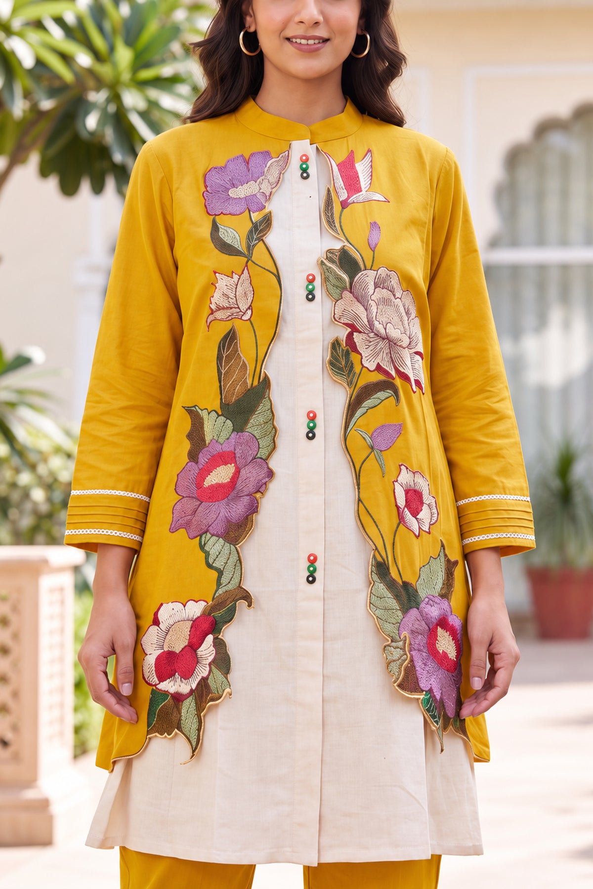 Yellow Floral Applique Cotton Coord Sets
