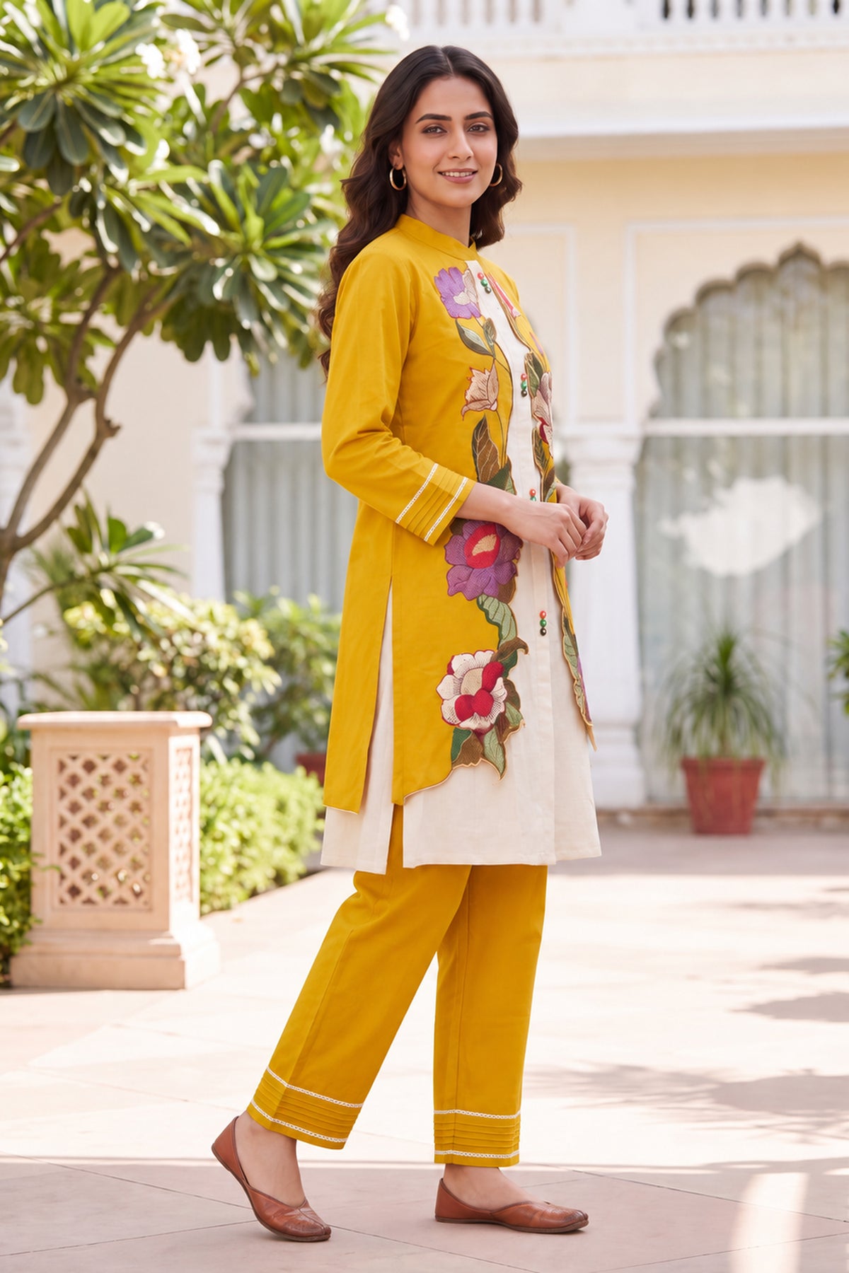 Yellow Floral Applique Cotton Coord Sets