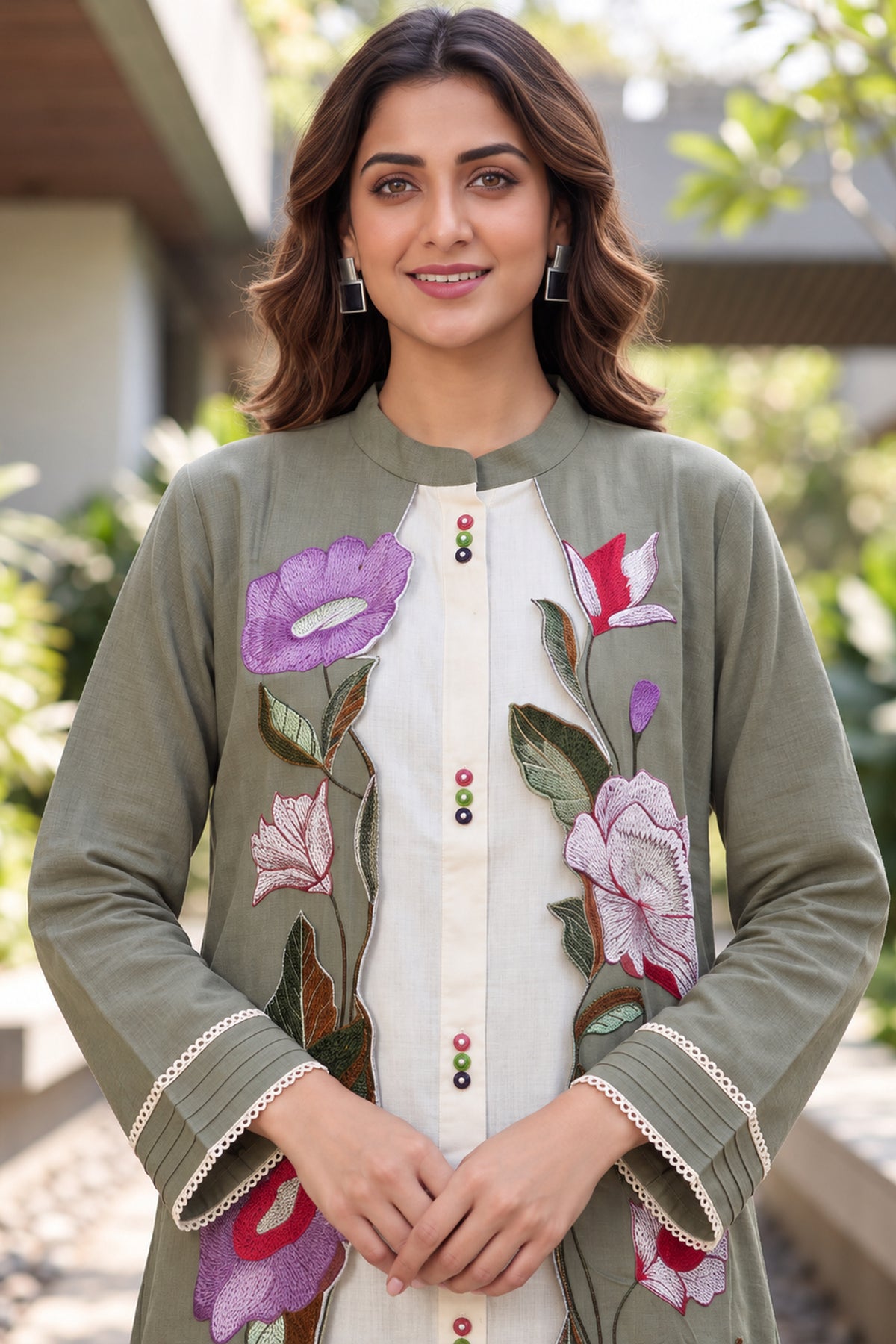 Sage Green Floral Applique Cotton Coord Sets