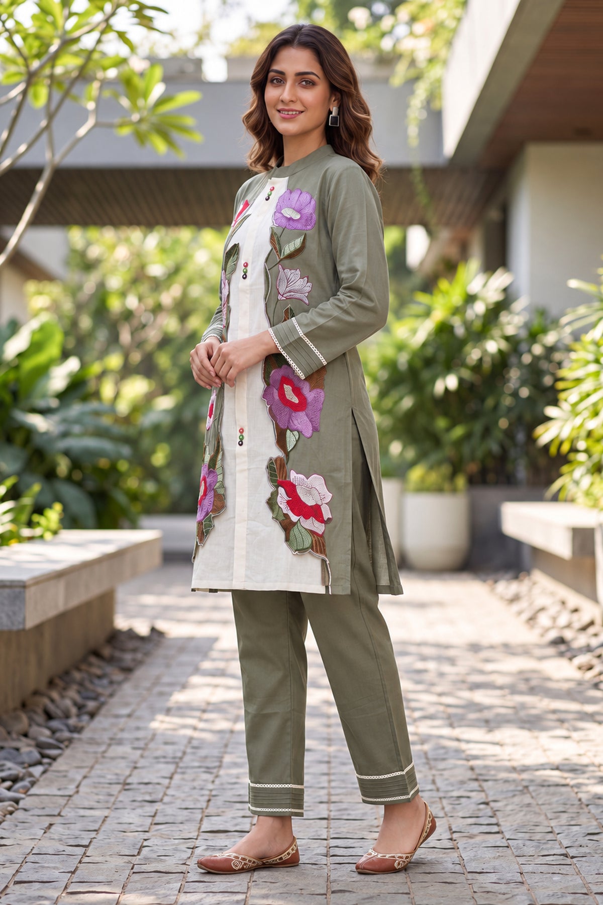 Sage Green Floral Applique Cotton Coord Sets
