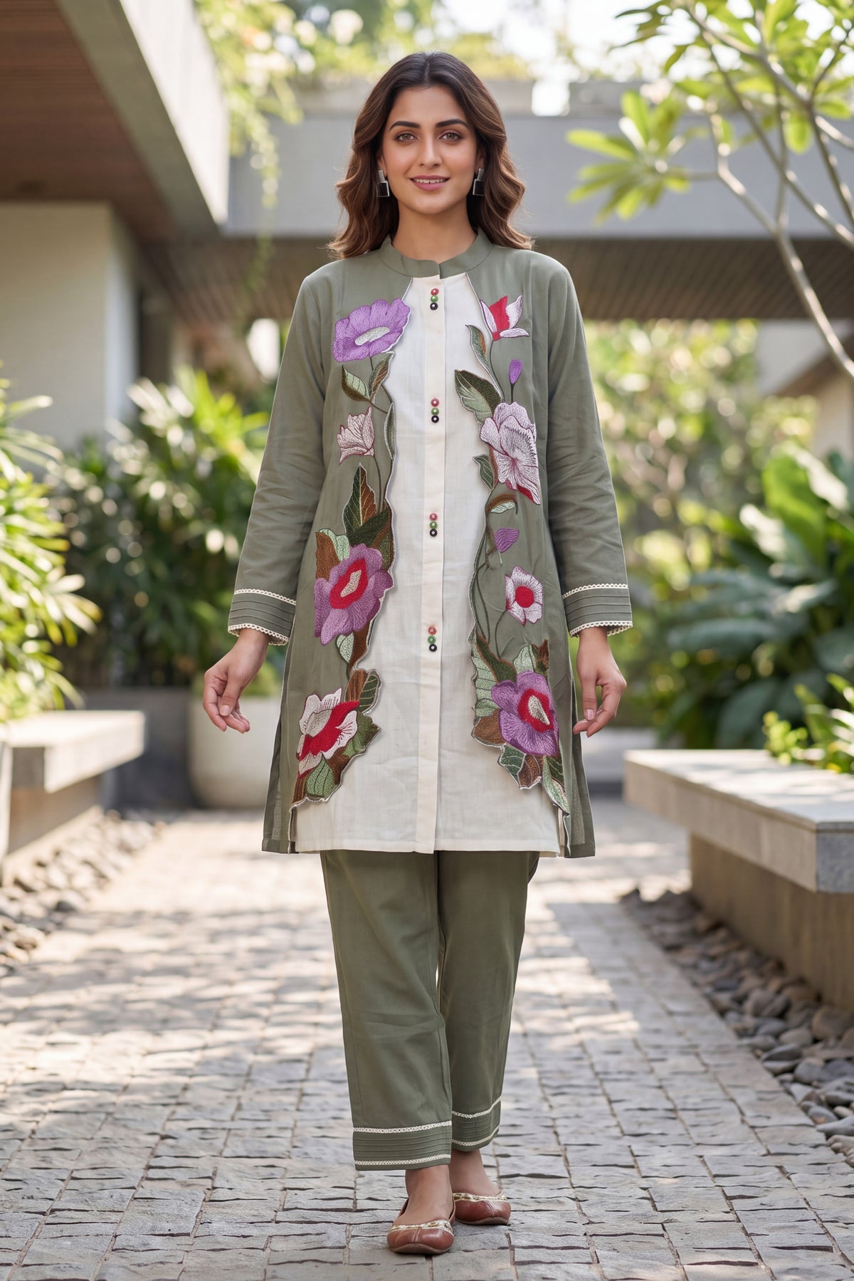 Sage Green Floral Applique Cotton Coord Sets