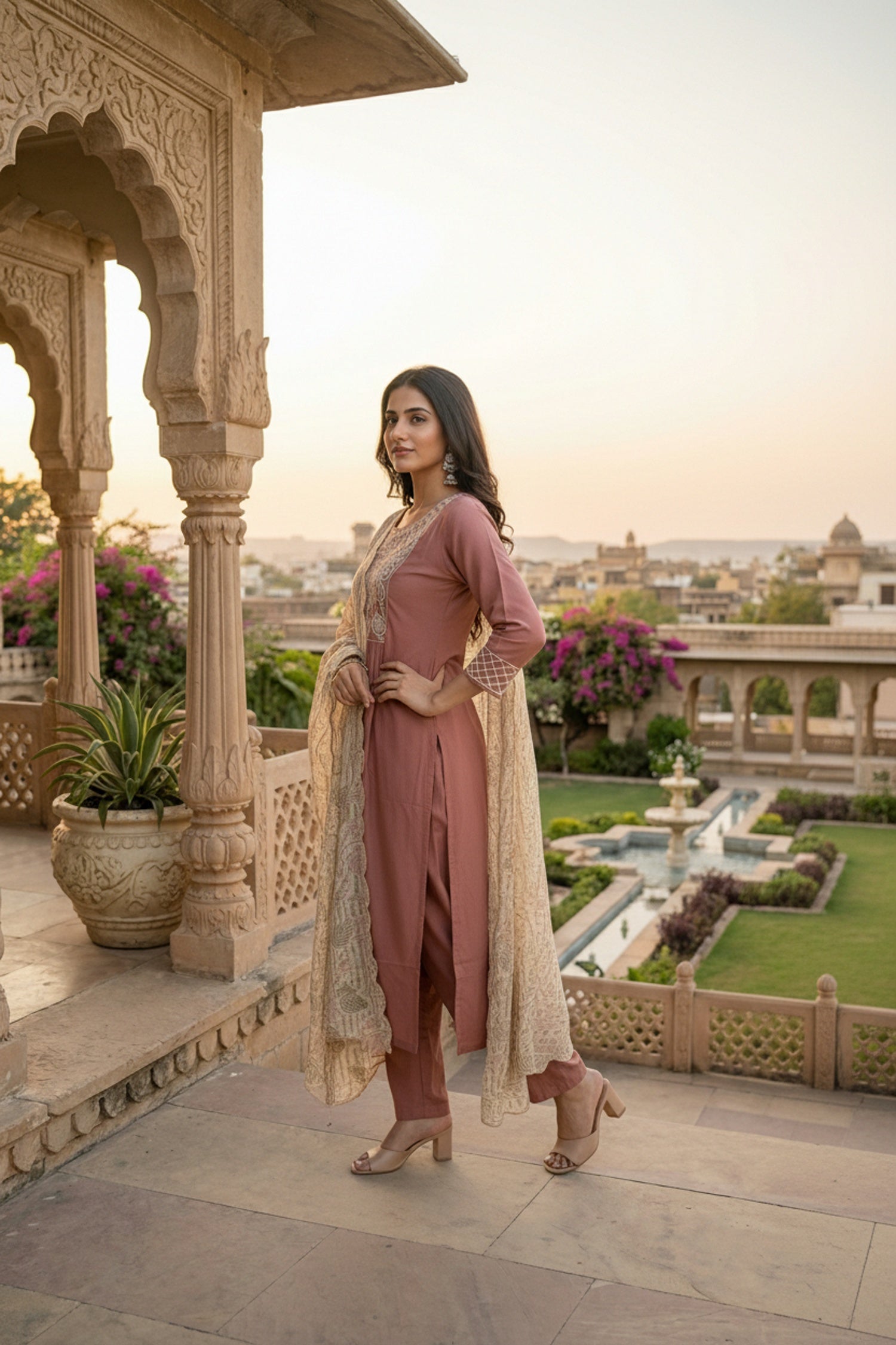 Onion Pink Embroidered Kurta Set with Tissue Silk Dupatta