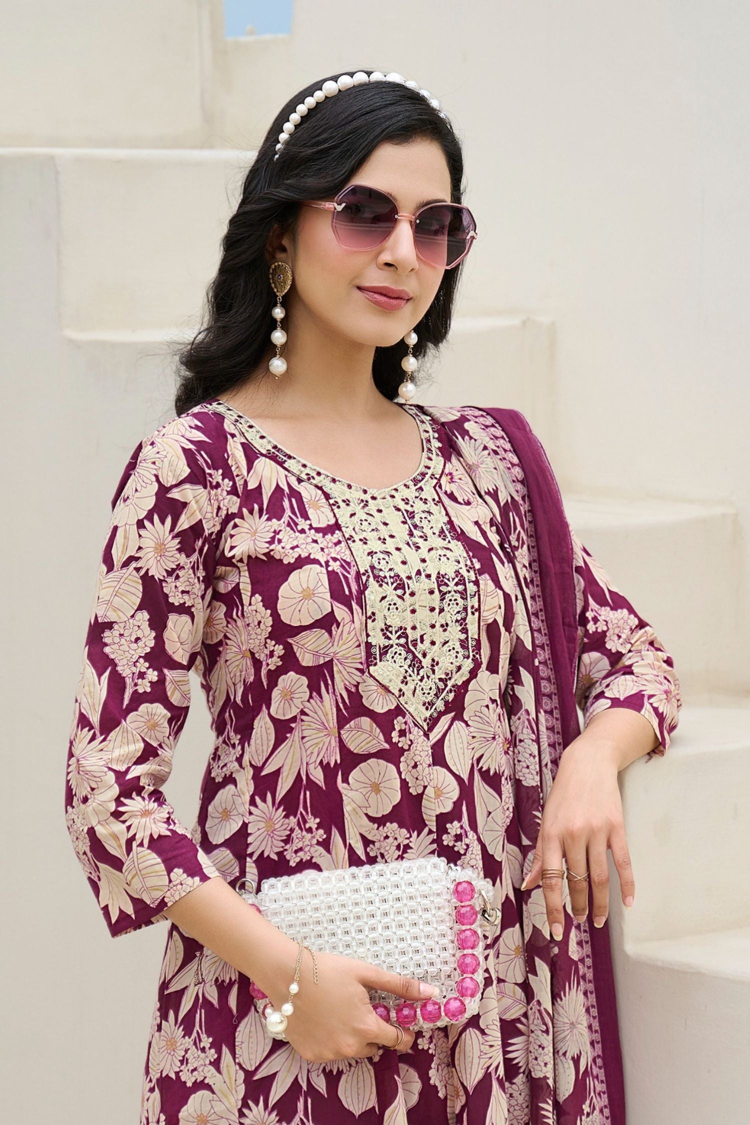 Wine V-Neck Embroidered Cotton Floral Printed Kurta Palazzo Dupatta Set