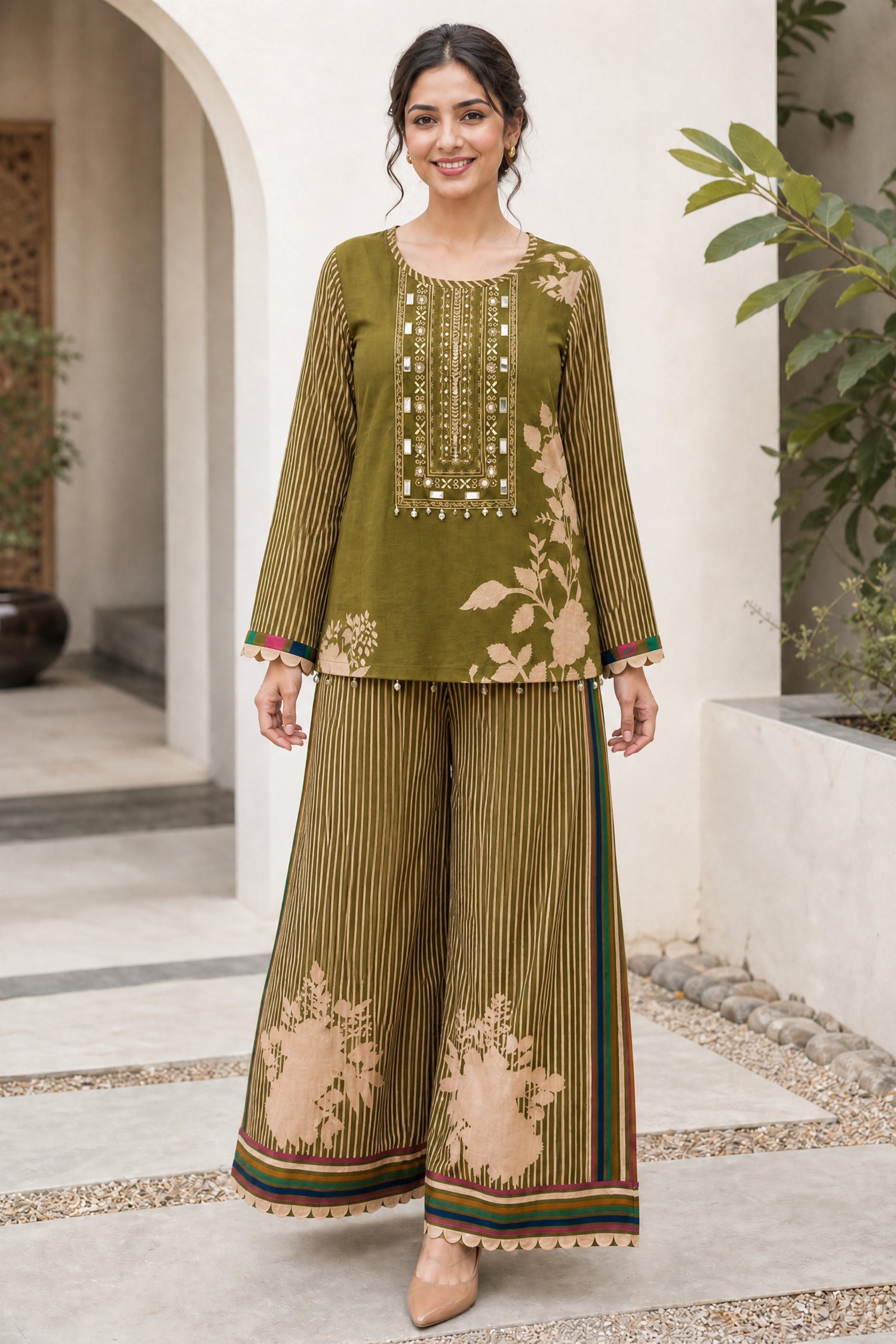 Embroidered Crepe Green Floral Print Loose Fit Co-Ord Set