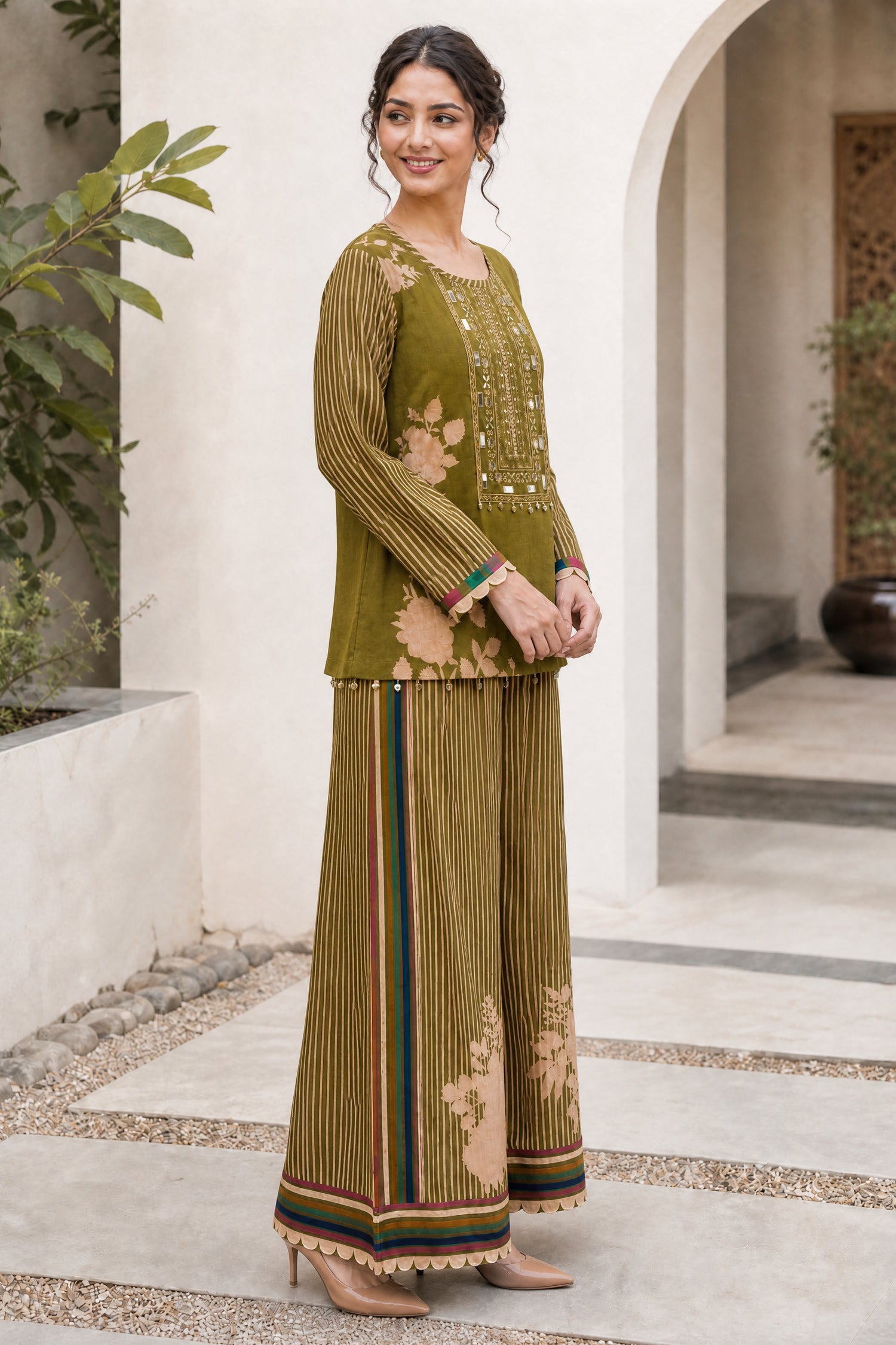 Embroidered Crepe Green Floral Print Loose Fit Co-Ord Set