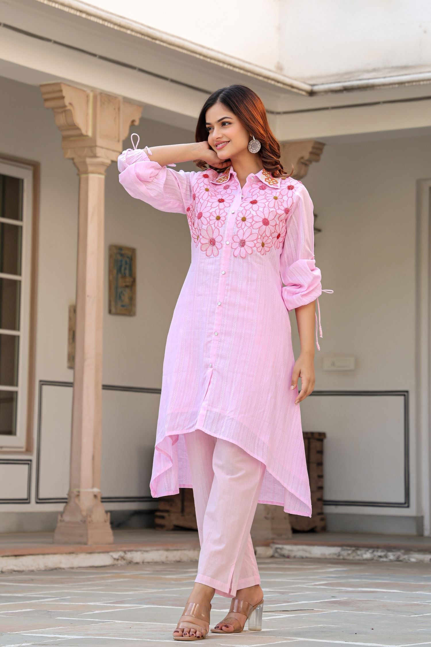 Baby Pink Cord Set Highlighted with Floral Thread Work & Collar Design