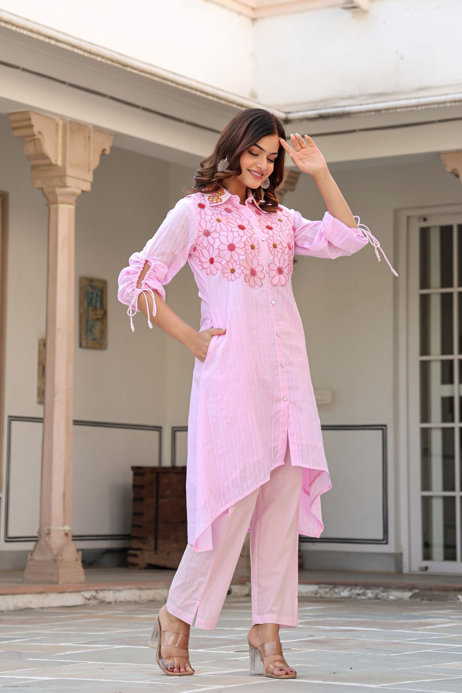 Baby Pink Cord Set Highlighted with Floral Thread Work & Collar Design