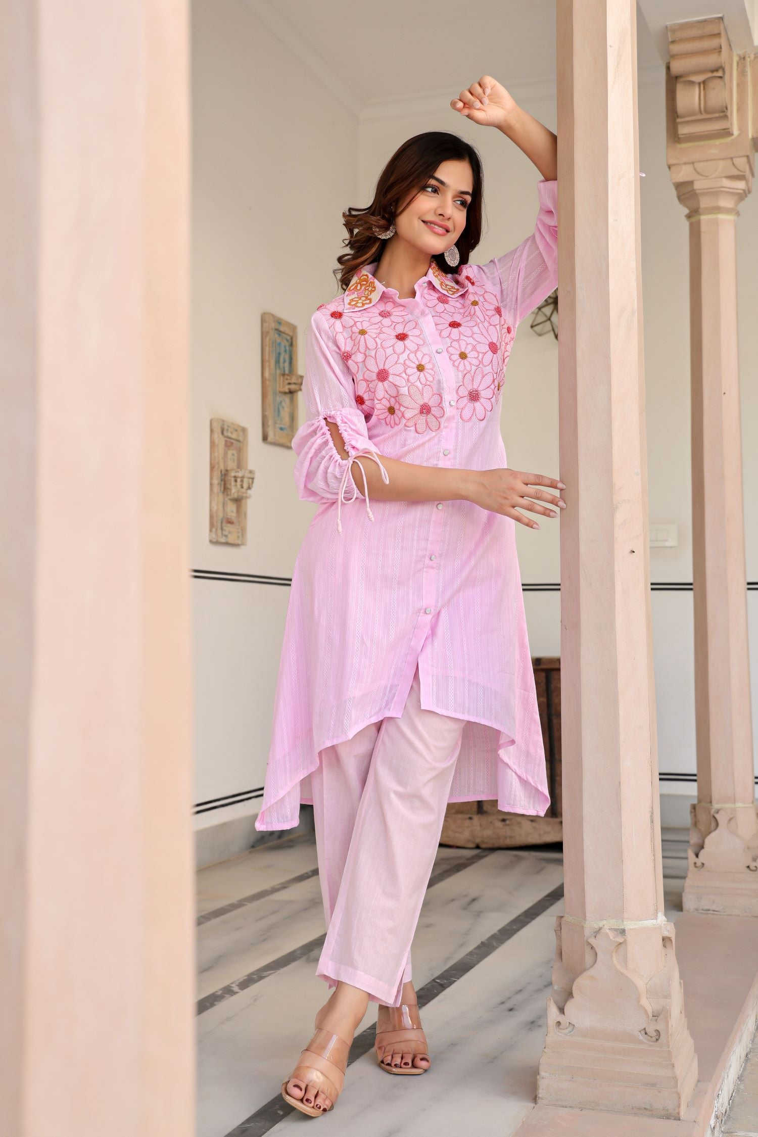 Baby Pink Cord Set Highlighted with Floral Thread Work & Collar Design