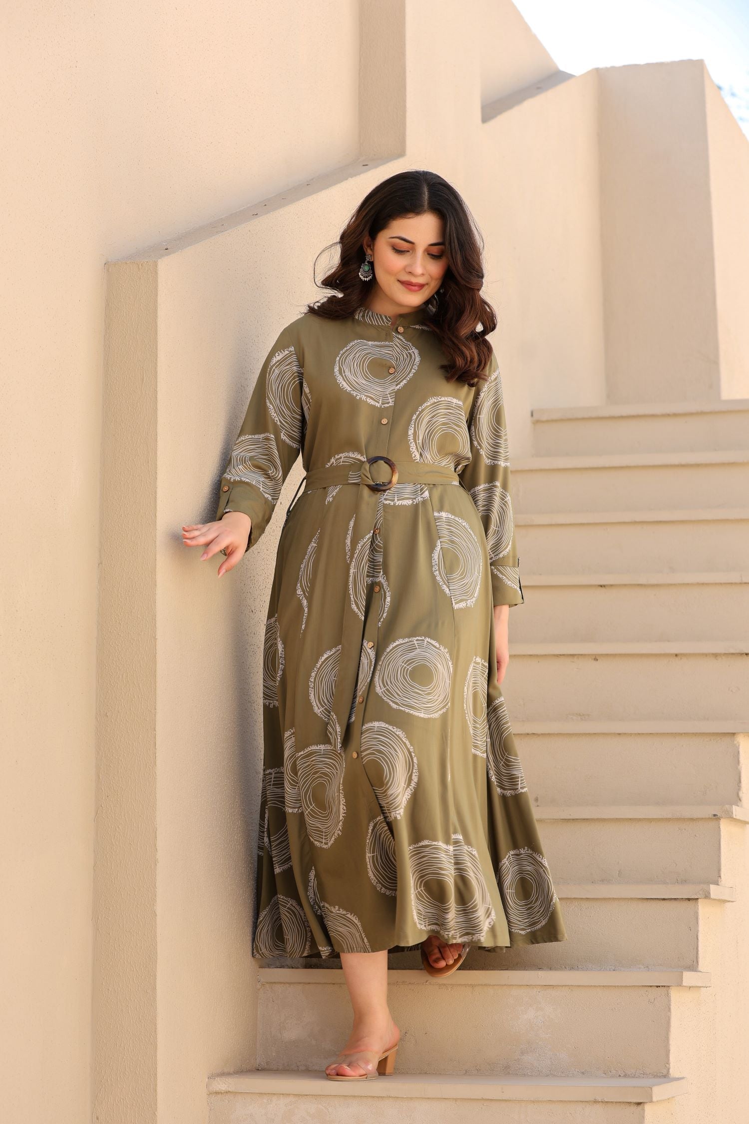 Freyaa Printed Front Button Dress with Belt for a Stylish Look