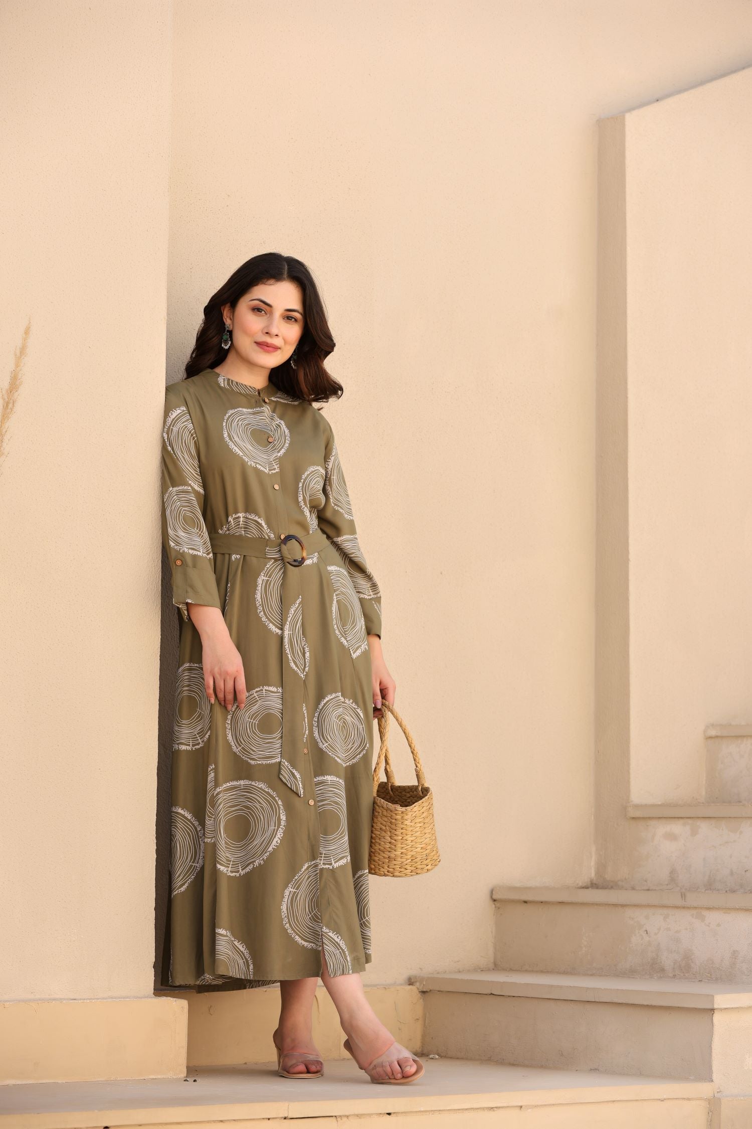 Freyaa Printed Front Button Dress with Belt for a Stylish Look