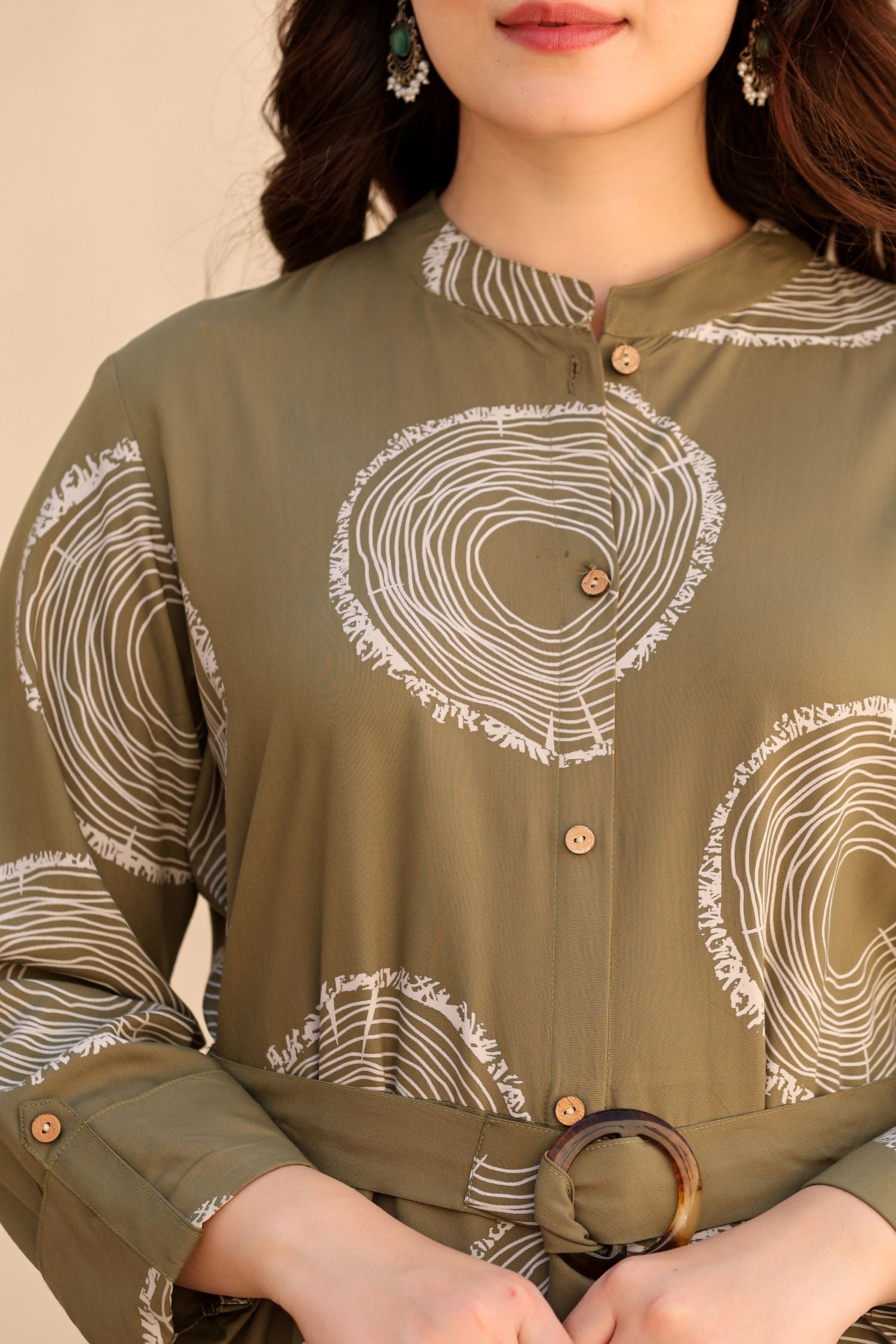 Freyaa Printed Front Button Dress with Belt for a Stylish Look