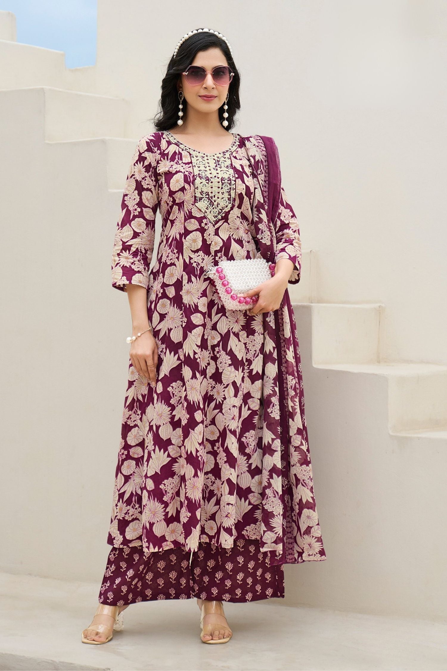 Wine V-Neck Embroidered Cotton Floral Printed Kurta Palazzo Dupatta Set