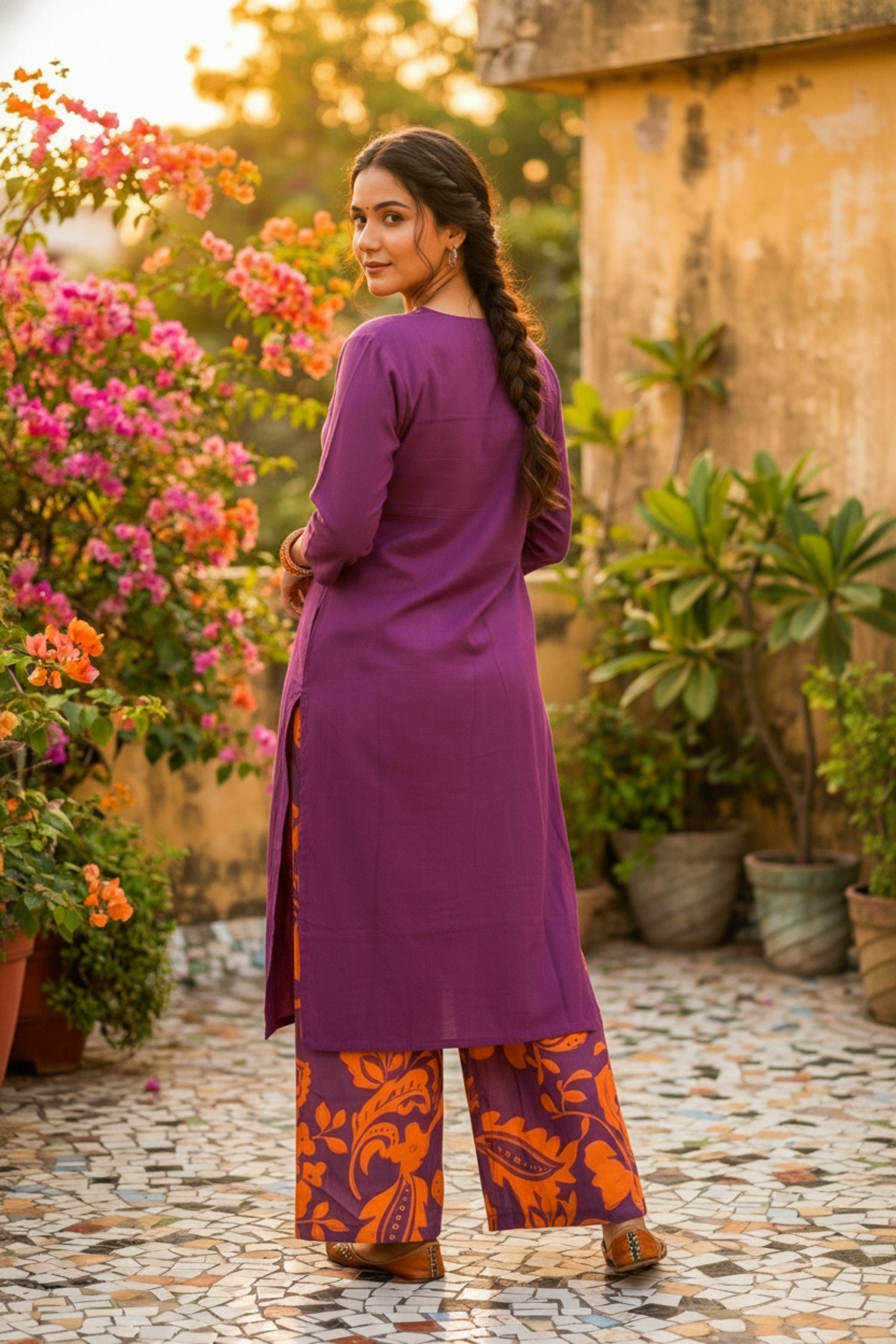 Purple Cotton Co-ord Set with Printed Pants