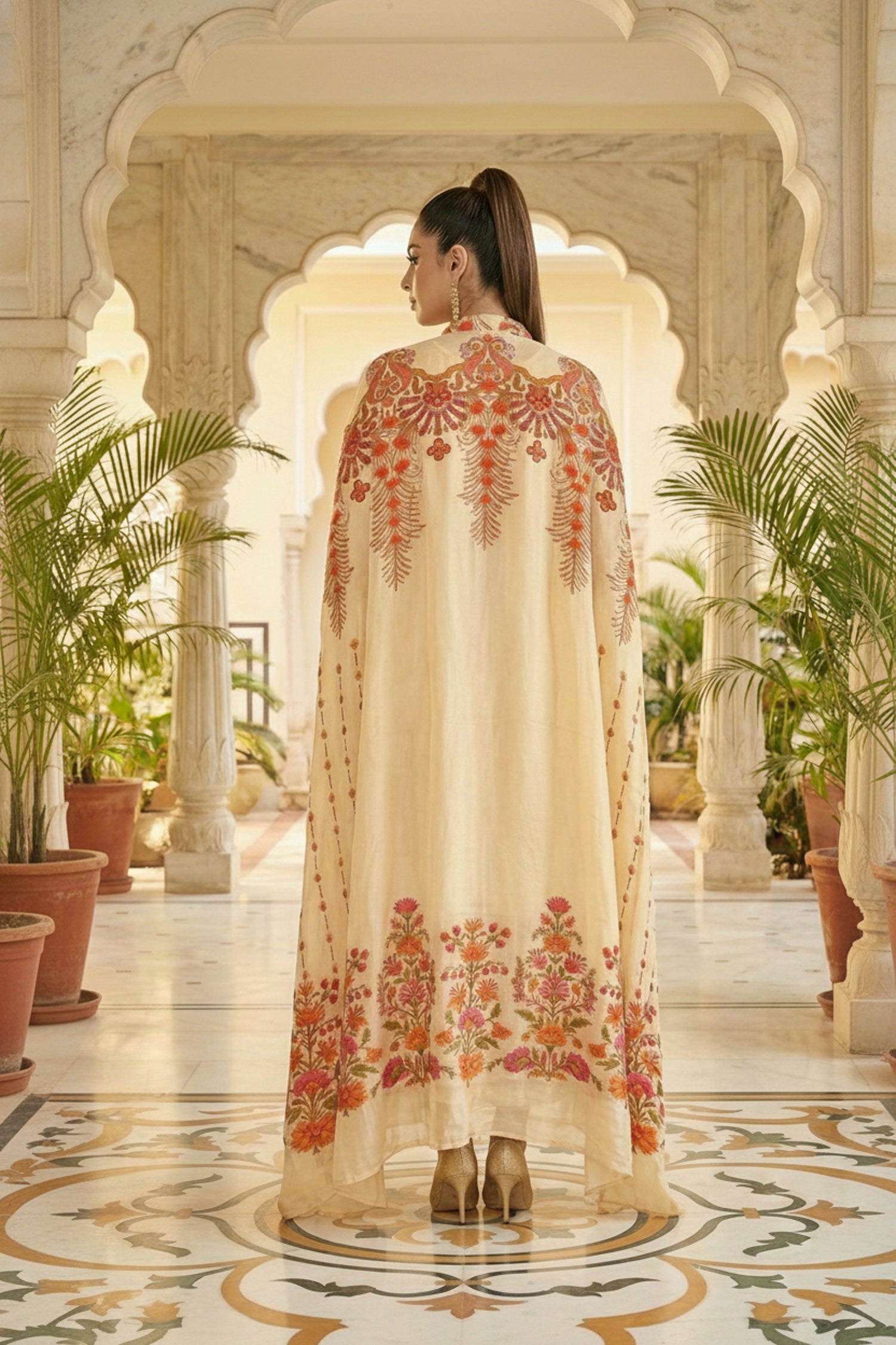 Cream Chinon Kaftan Set with Embroidered Jacket