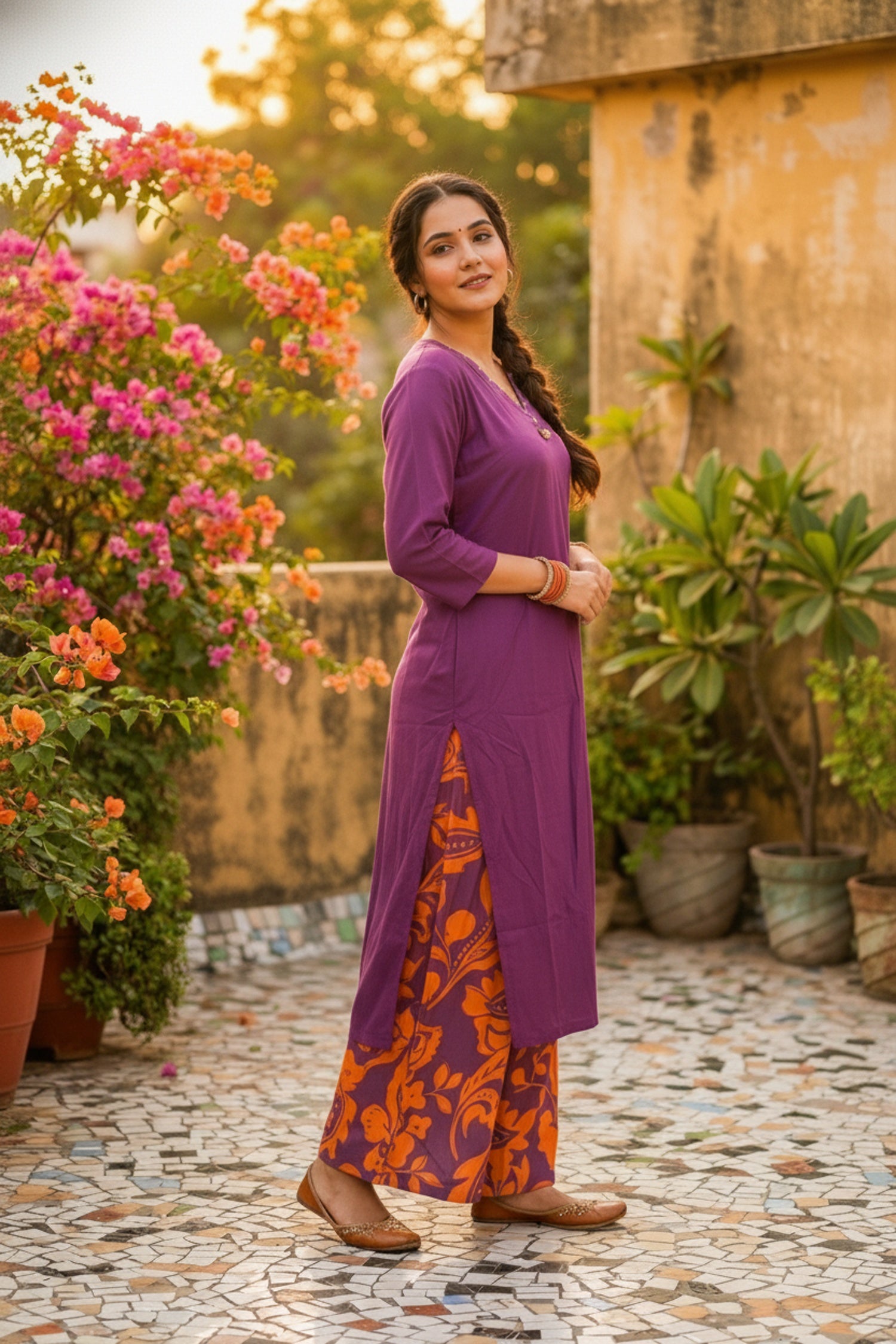 Purple Cotton Co-ord Set with Printed Pants