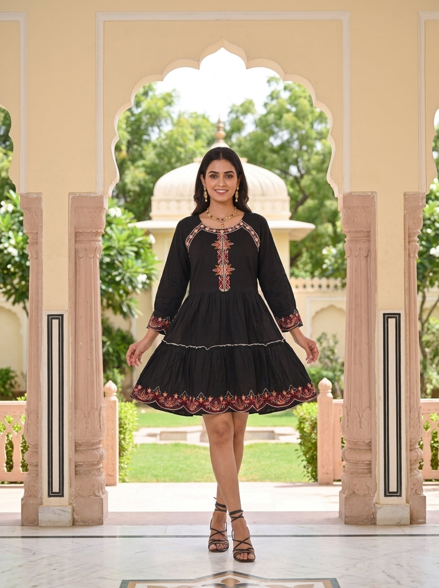 Black Floral Embroidered Short Tunic Dress