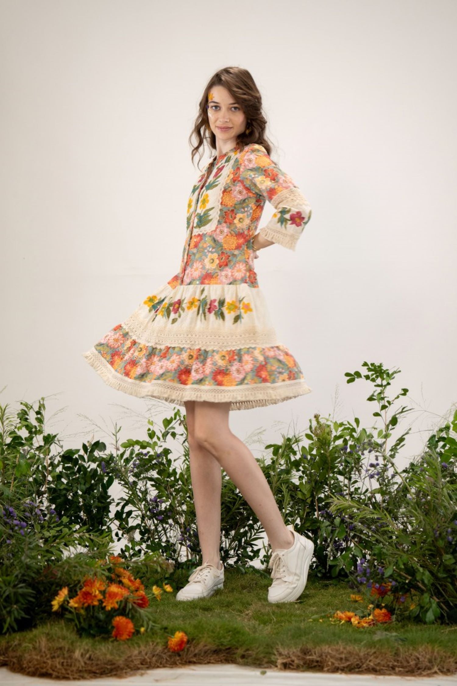 BELL SLEEVES PINK EMBROIDERED A-LINE TUNIC DRESS