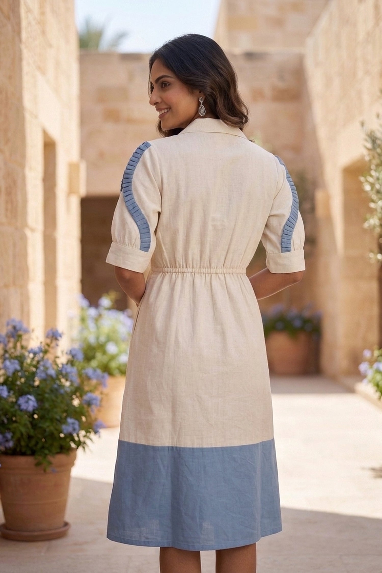 Beige Long Dress with Thread Work Embroidery