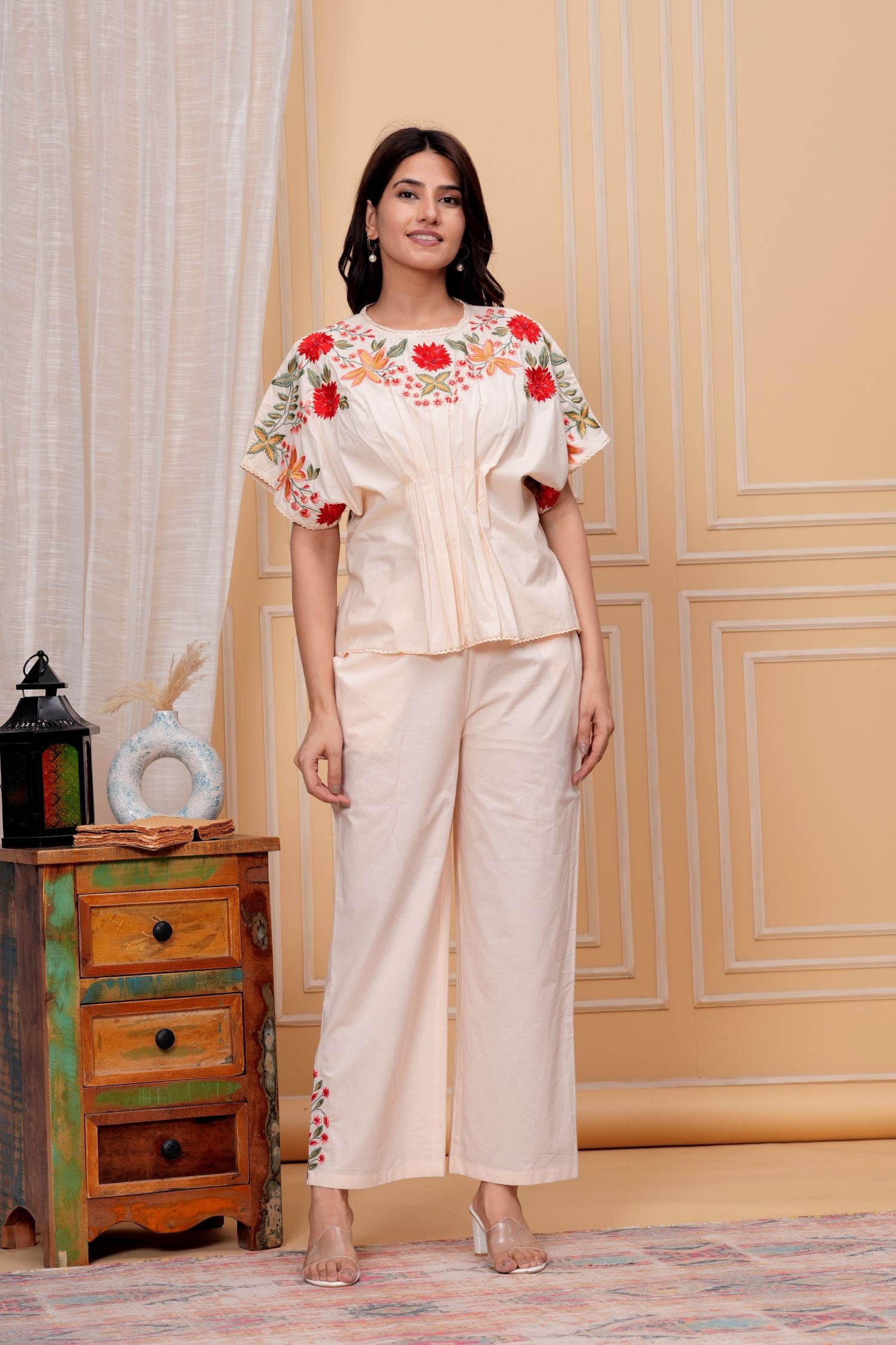 Beige Cord Set with Delicate Floral Print Design