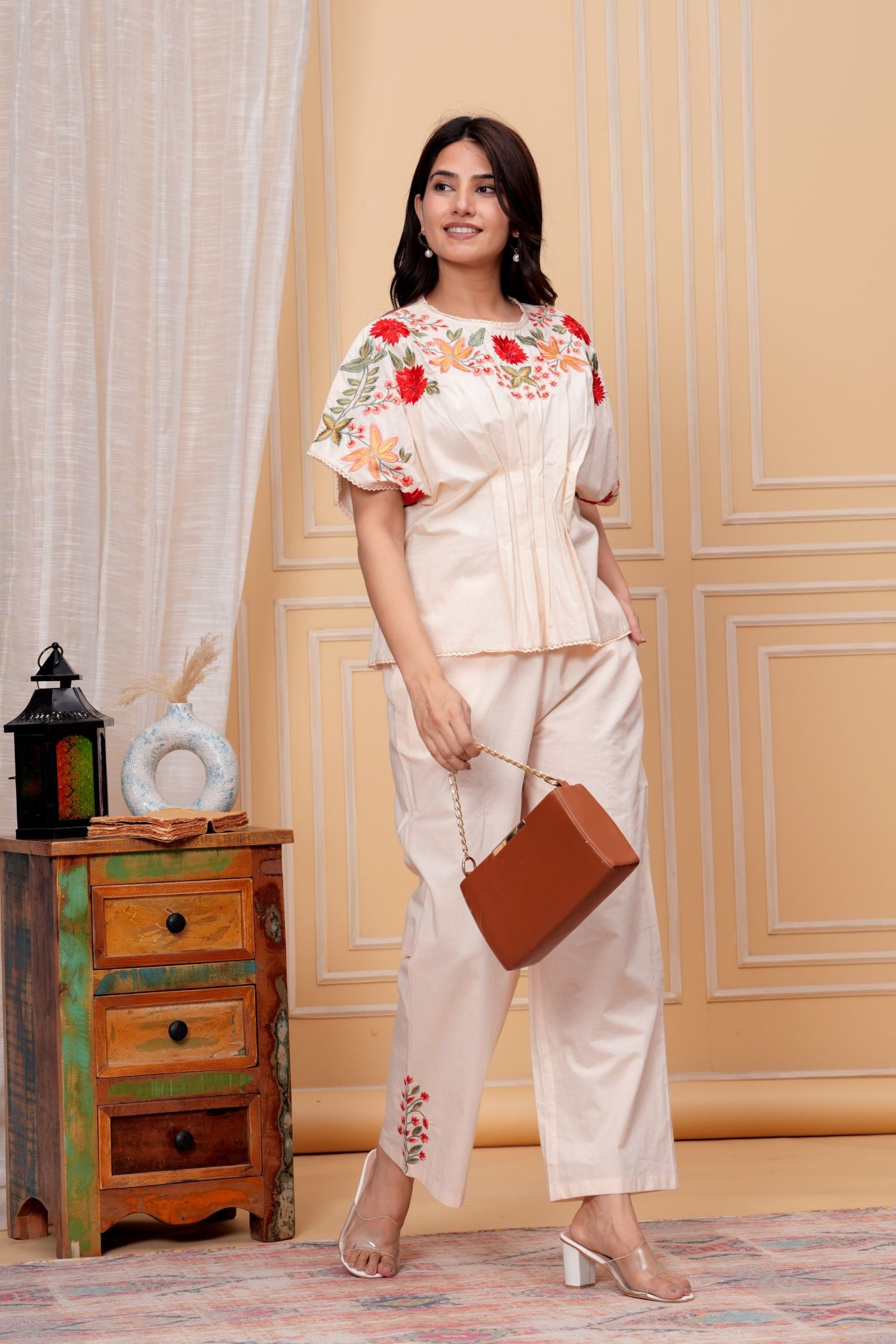 Beige Cord Set with Delicate Floral Print Design