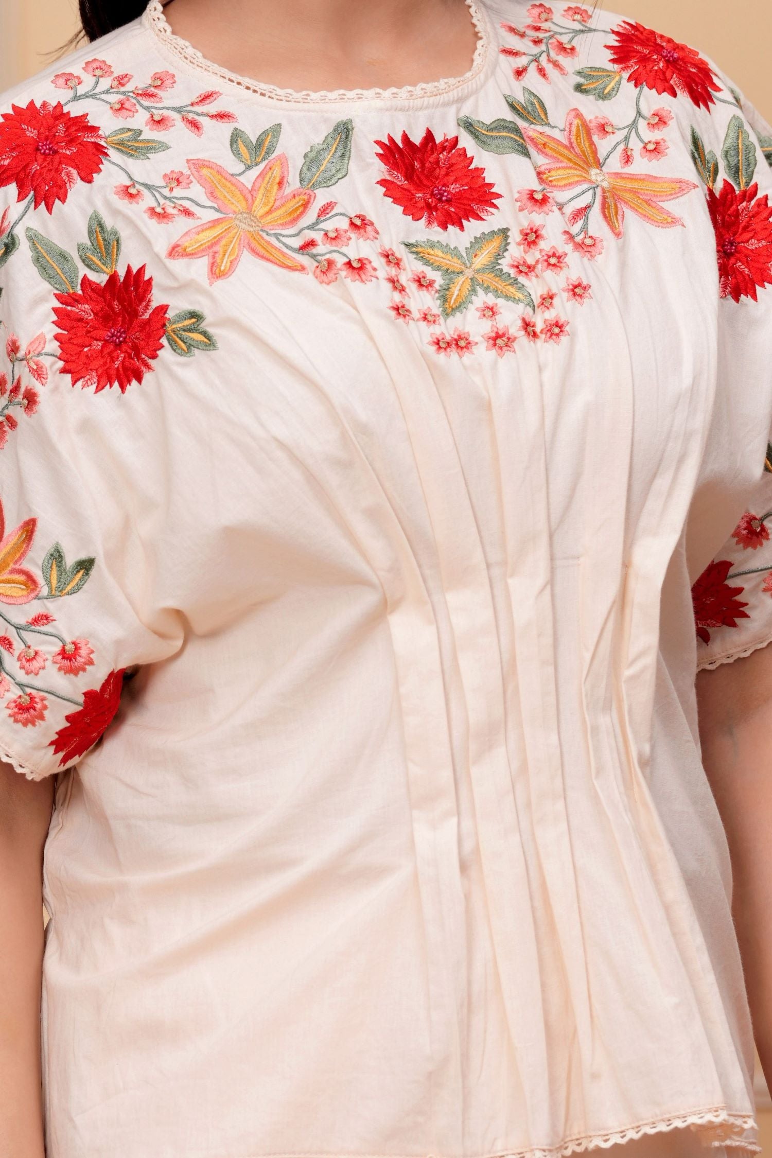 Beige Cord Set with Delicate Floral Print Design