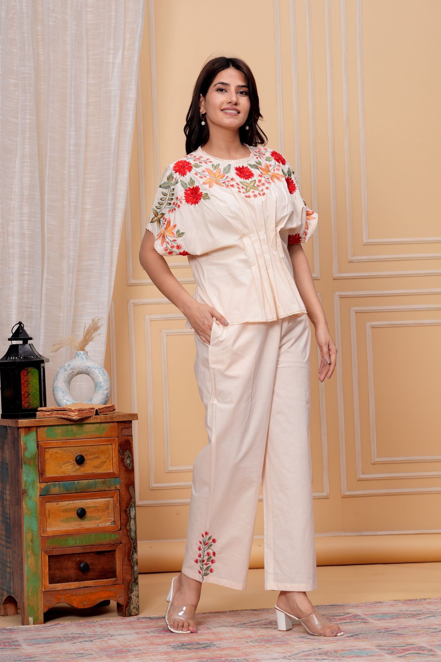 Beige Cord Set with Delicate Floral Print Design