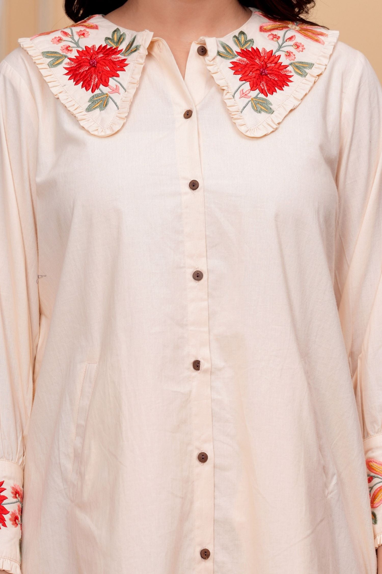 Freyaa Beige Tunic Dress with Floral Embroidery and Chic Collar