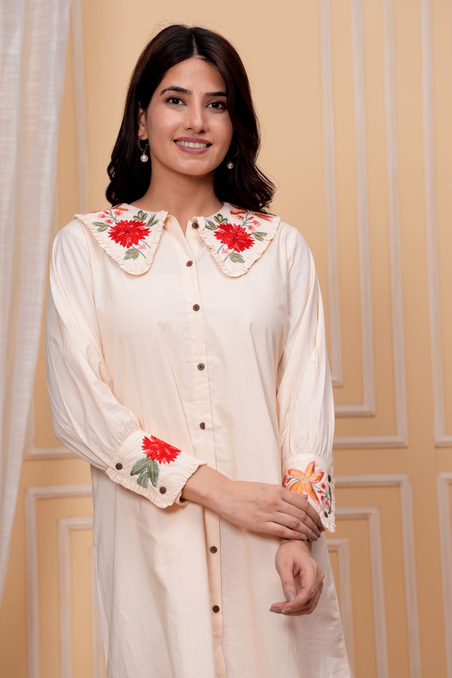 Freyaa Beige Tunic Dress with Floral Embroidery and Chic Collar