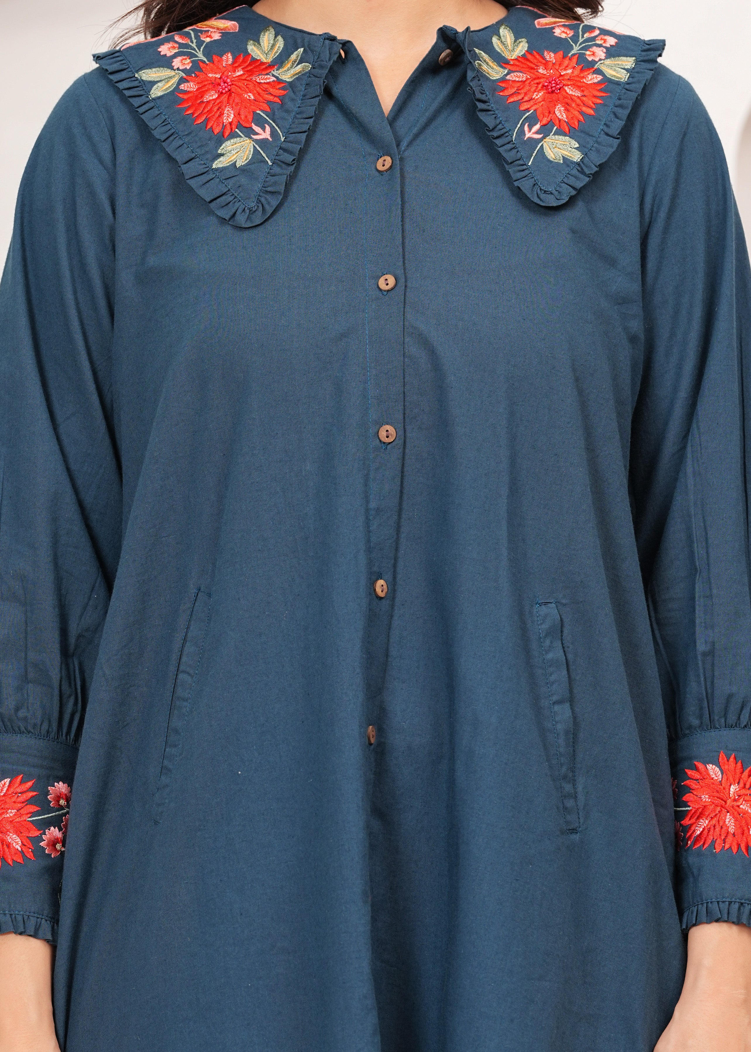 Freyaa Teal Tunic Dress with Floral Embroidery and Chic Collar